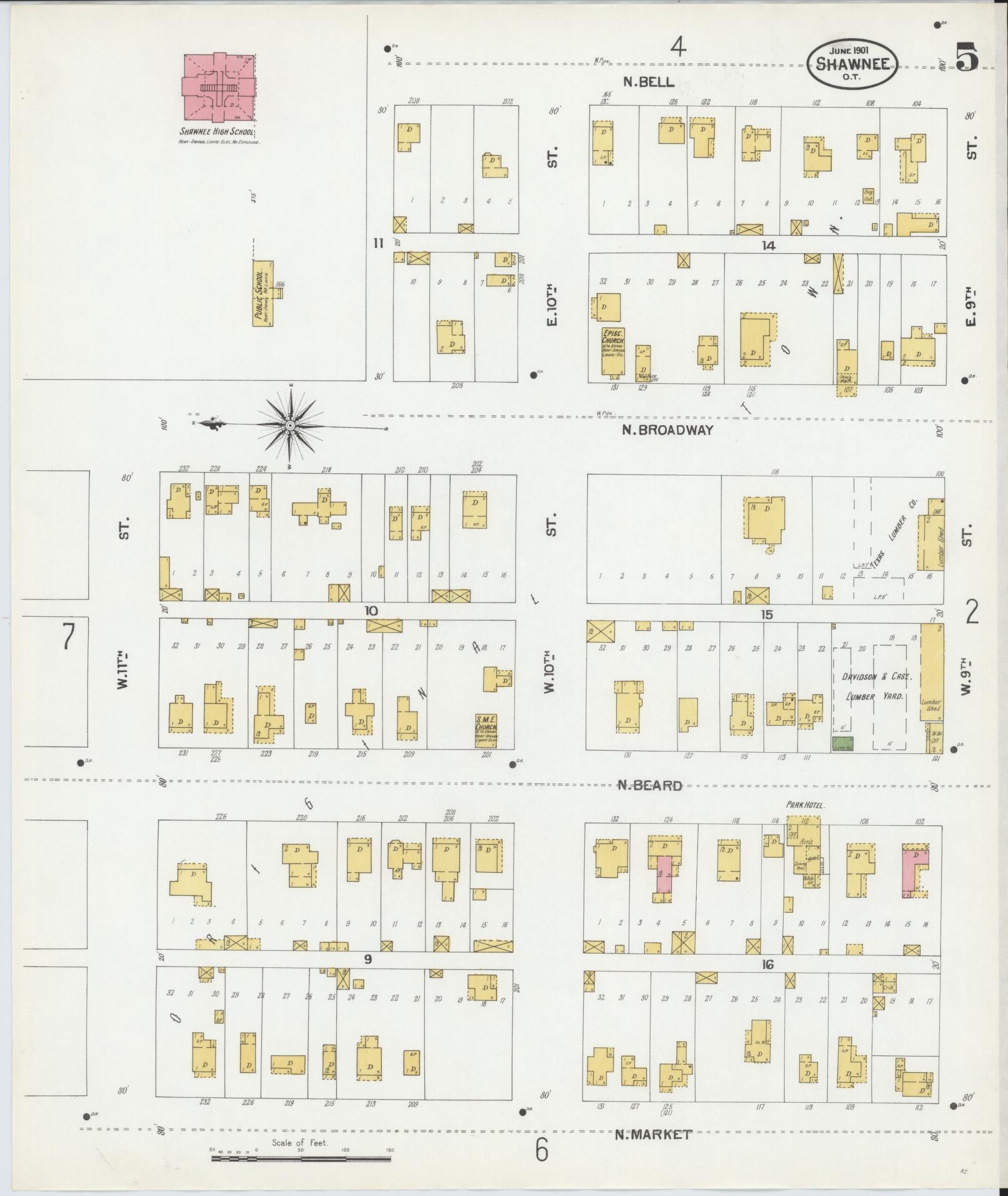 Sanborn Fire Insurance Map from Shawnee, Pottawatomie County, Oklahoma (1901), Sheet #0005 - Complete Map Set gallery image, historic Sanborn map, vintage wall art, Oklahoma Oklahoma