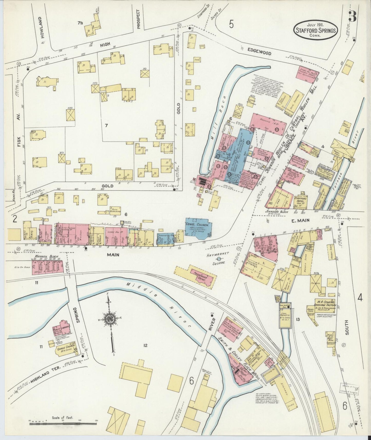 Sanborn Fire Insurance Map from Stafford Springs, Tolland County, Connecticut (1911), Sheet #0003 - Complete Map Set gallery image, historic Sanborn map, vintage wall art, Connecticut Connecticut