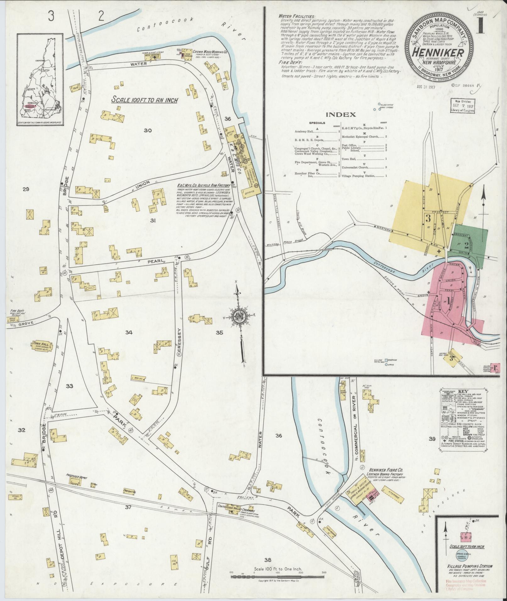 Sanborn Fire Insurance Map from Henniker, Merrimack County, New Hampshire. (1917) – Historic Sanborn Fire Insurance Map Print