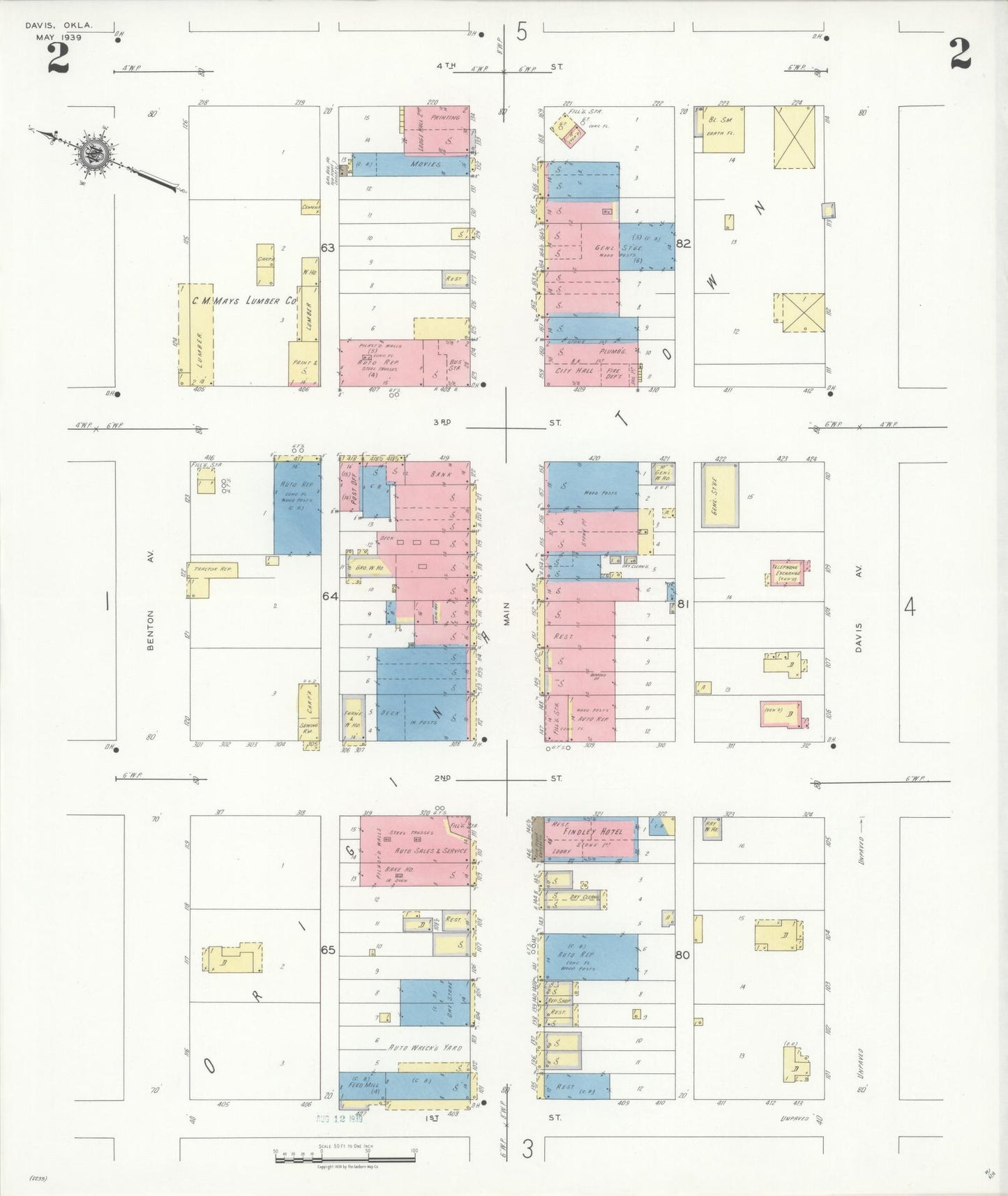 Sanborn Fire Insurance Map from Davis, Murray County, Oklahoma (1939), Sheet #0002 - Historic Sanborn Fire Insurance Map Print, vintage old map wall art, antique decor, genealogy gift, Oklahoma Oklahoma map