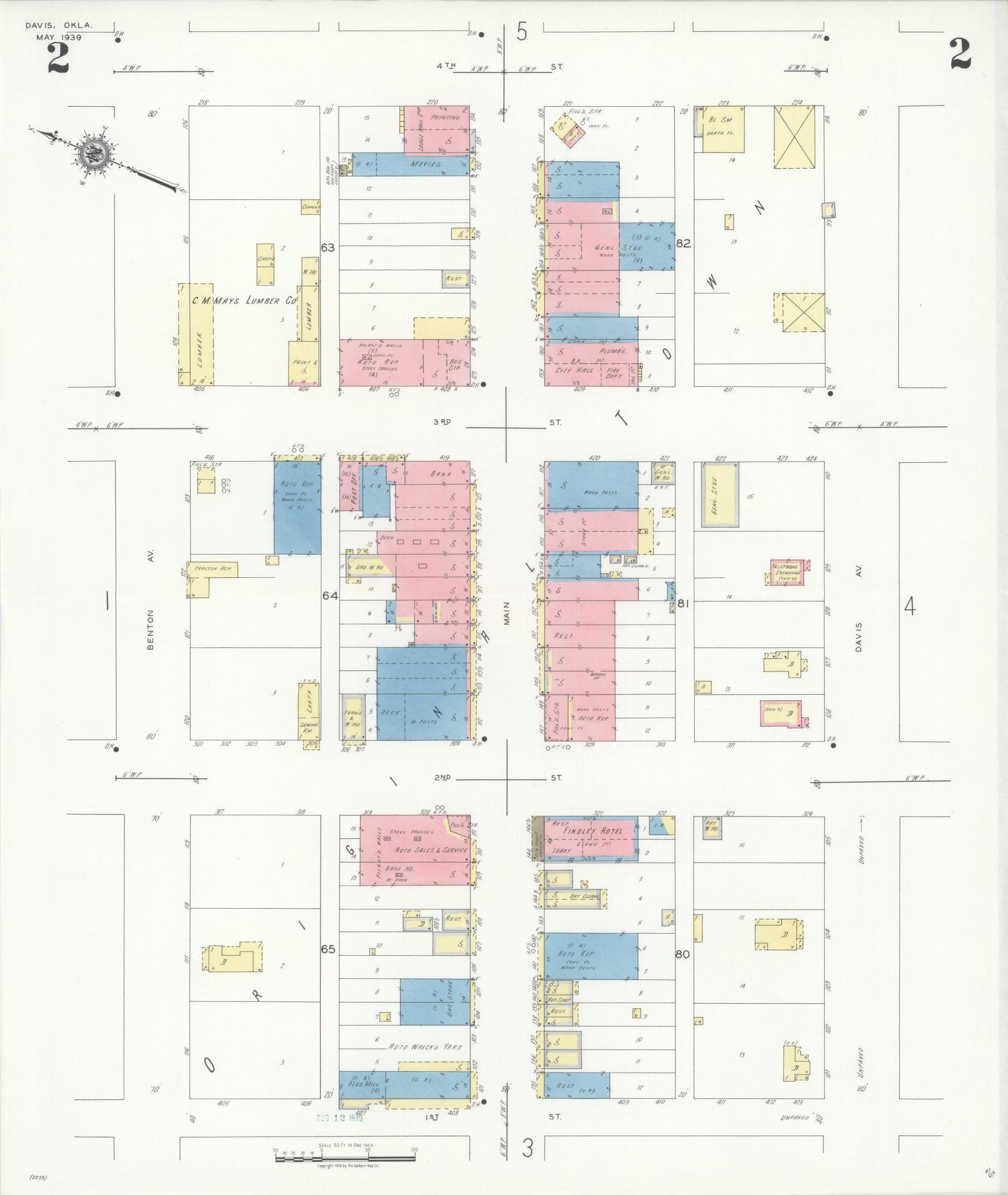 Sanborn Fire Insurance Map from Davis, Murray County, Oklahoma (1939), Sheet #0002 - Historic Sanborn Fire Insurance Map Print, vintage old map wall art, antique decor, genealogy gift, Oklahoma Oklahoma map