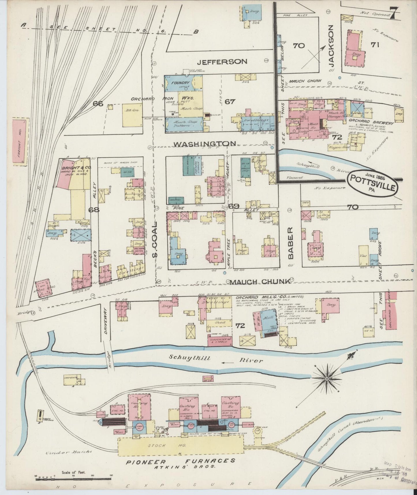 Sanborn Fire Insurance Map from Pottsville, Schuylkill County, Pennsylvania (1885), Sheet #0007 - Historic Sanborn Fire Insurance Map Print, vintage old map wall art, antique decor, genealogy gift, Pennsylvania Pennsylvania map