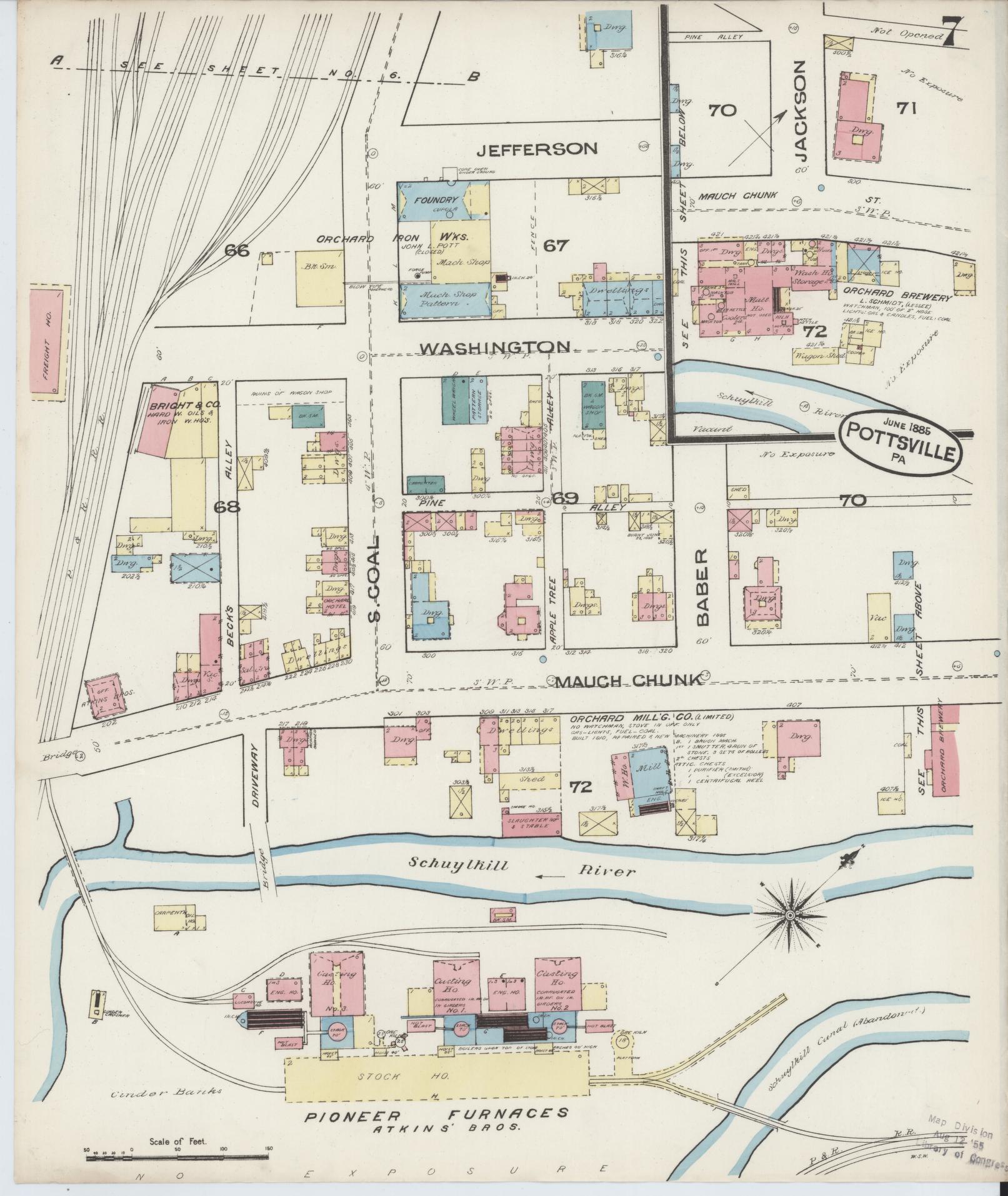 Sanborn Fire Insurance Map from Pottsville, Schuylkill County, Pennsylvania (1885), Sheet #0007 - Historic Sanborn Fire Insurance Map Print, vintage old map wall art, antique decor, genealogy gift, Pennsylvania Pennsylvania map
