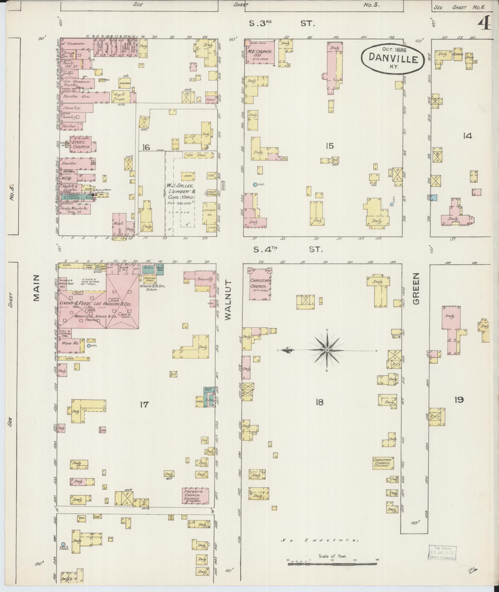 Sanborn Fire Insurance Map from Danville, Boyle County, Kentucky (1886), Sheet #0004 - Historic Sanborn Fire Insurance Map Print, vintage old map wall art, antique decor, genealogy gift, Kentucky Kentucky map