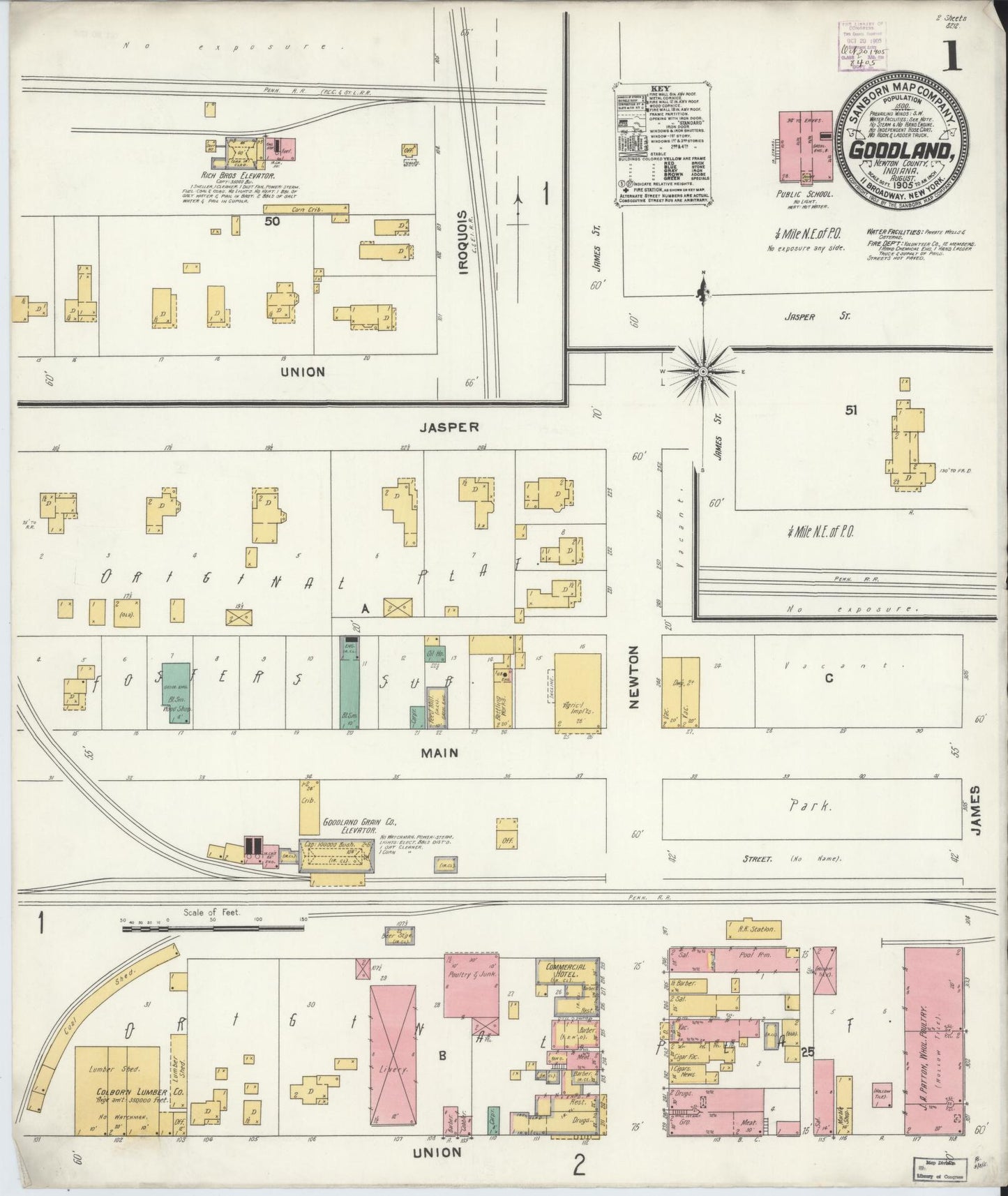 Sanborn Fire Insurance Map from Goodland, Newton County, Indiana (1905), Sheet #0001 - Historic Sanborn Fire Insurance Map Print, vintage old map wall art, antique decor, genealogy gift, Indiana Indiana map