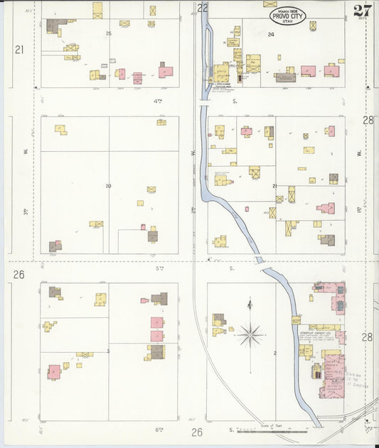 Sanborn Fire Insurance Map from Provo, Utah County, Utah (1908), Sheet #0027 - Historic Sanborn Fire Insurance Map Print, vintage old map wall art, antique decor, genealogy gift, Provo Utah map