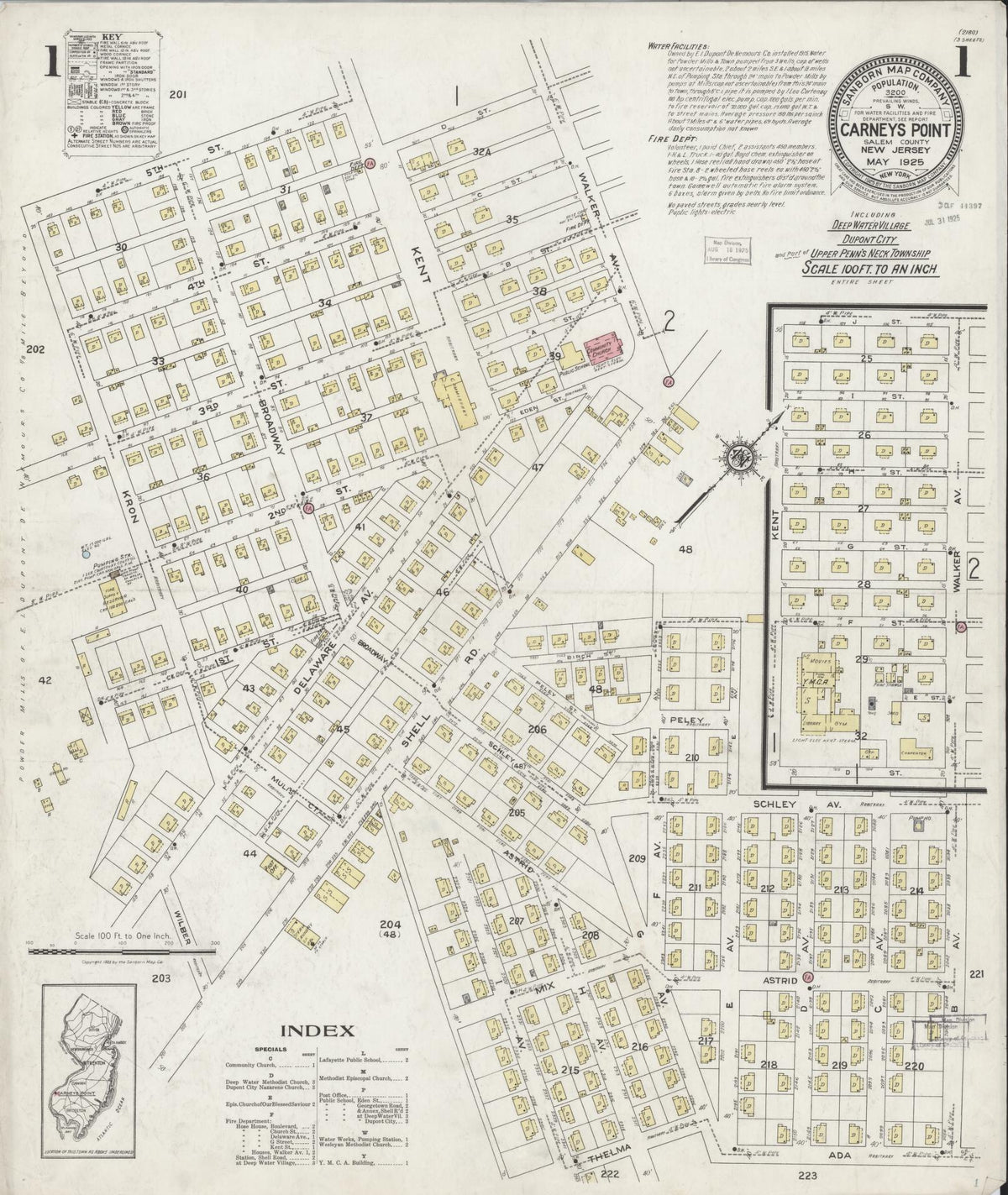 Sanborn Fire Insurance Map from Carneys Point, Salem County, New Jersey (1925), Sheet #0001 - Complete Map Set gallery image, historic Sanborn map, vintage wall art, New Jersey New Jersey