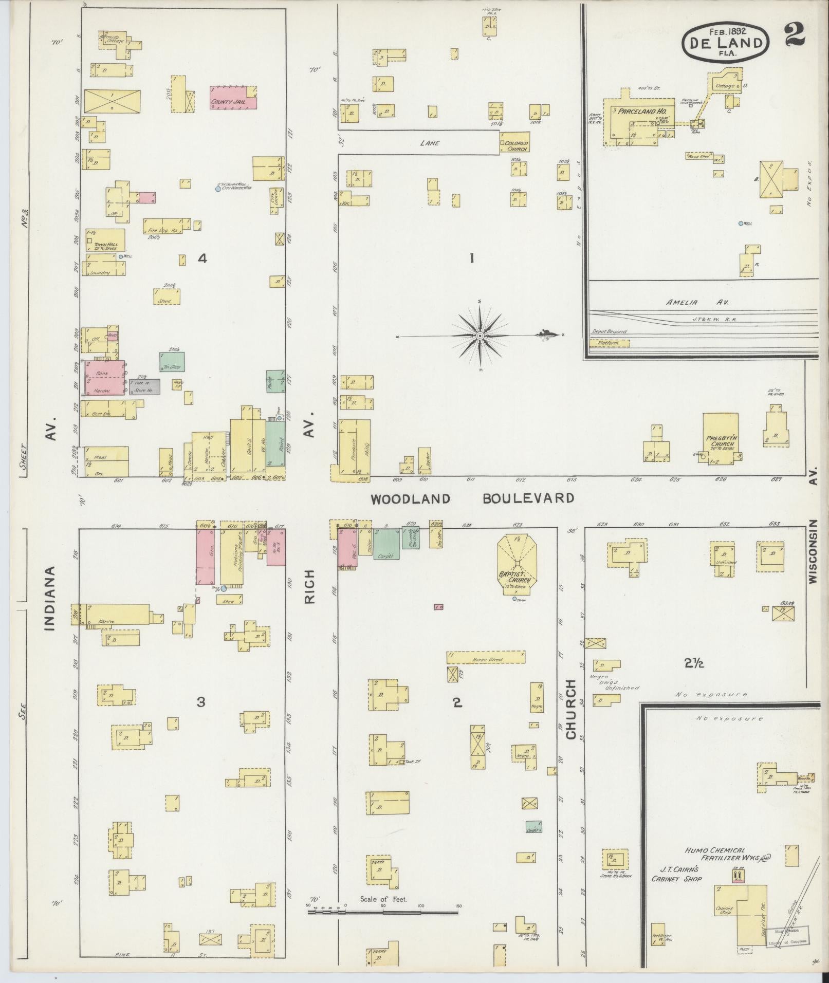 Sanborn Fire Insurance Map from De Land, Volusia County, Florida (1892), Sheet #0002 - Complete Map Set gallery image, historic Sanborn map, vintage wall art, Florida Florida