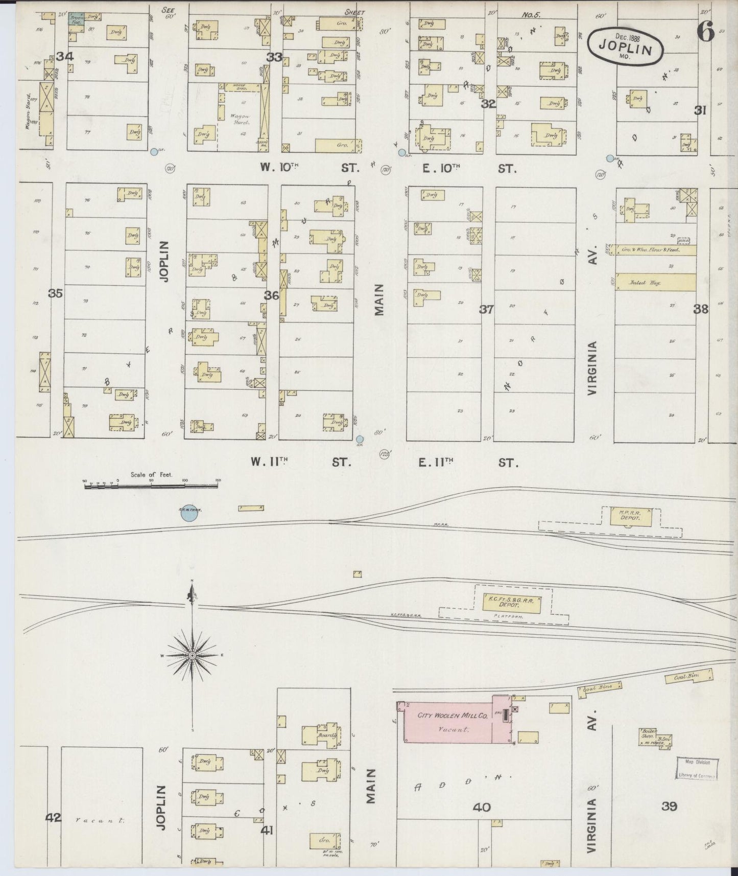 Sanborn Fire Insurance Map from Joplin, Jasper County, Missouri (1888), Sheet #0006 - Historic Sanborn Fire Insurance Map Print, vintage old map wall art, antique decor, genealogy gift, Missouri Missouri map