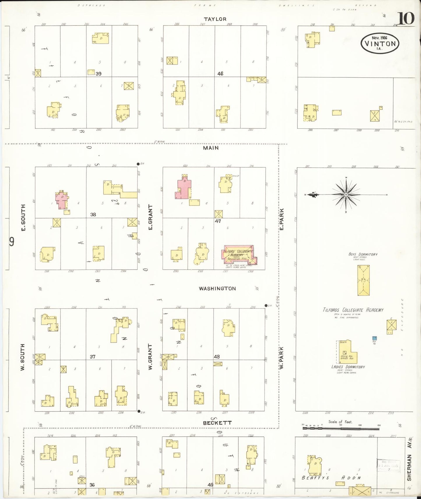 Sanborn Fire Insurance Map from Vinton, Benton County, Iowa (1906), Sheet #0010 - Historic Sanborn Fire Insurance Map Print, vintage old map wall art