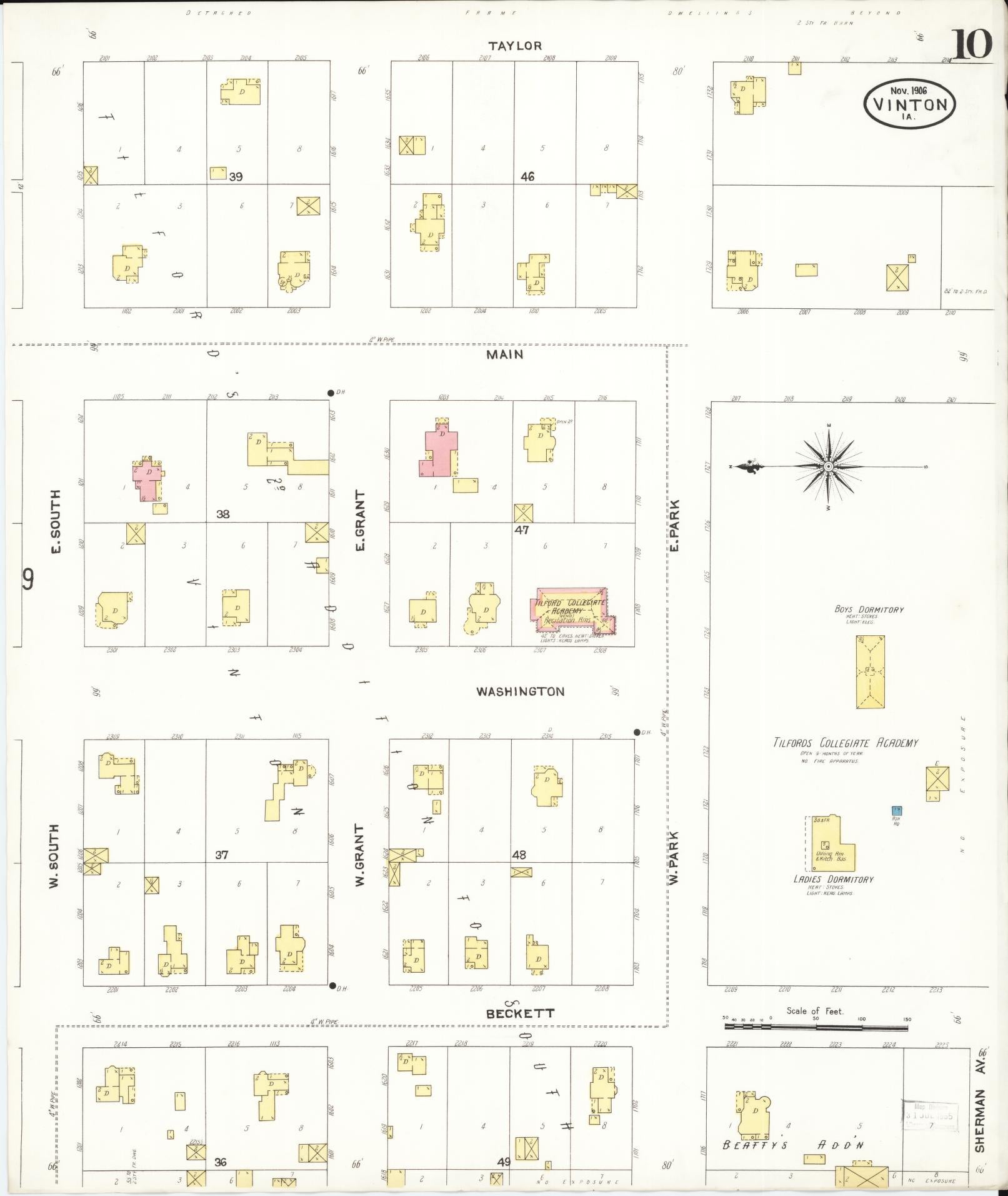 Sanborn Fire Insurance Map from Vinton, Benton County, Iowa (1906), Sheet #0010 - Historic Sanborn Fire Insurance Map Print, vintage old map wall art