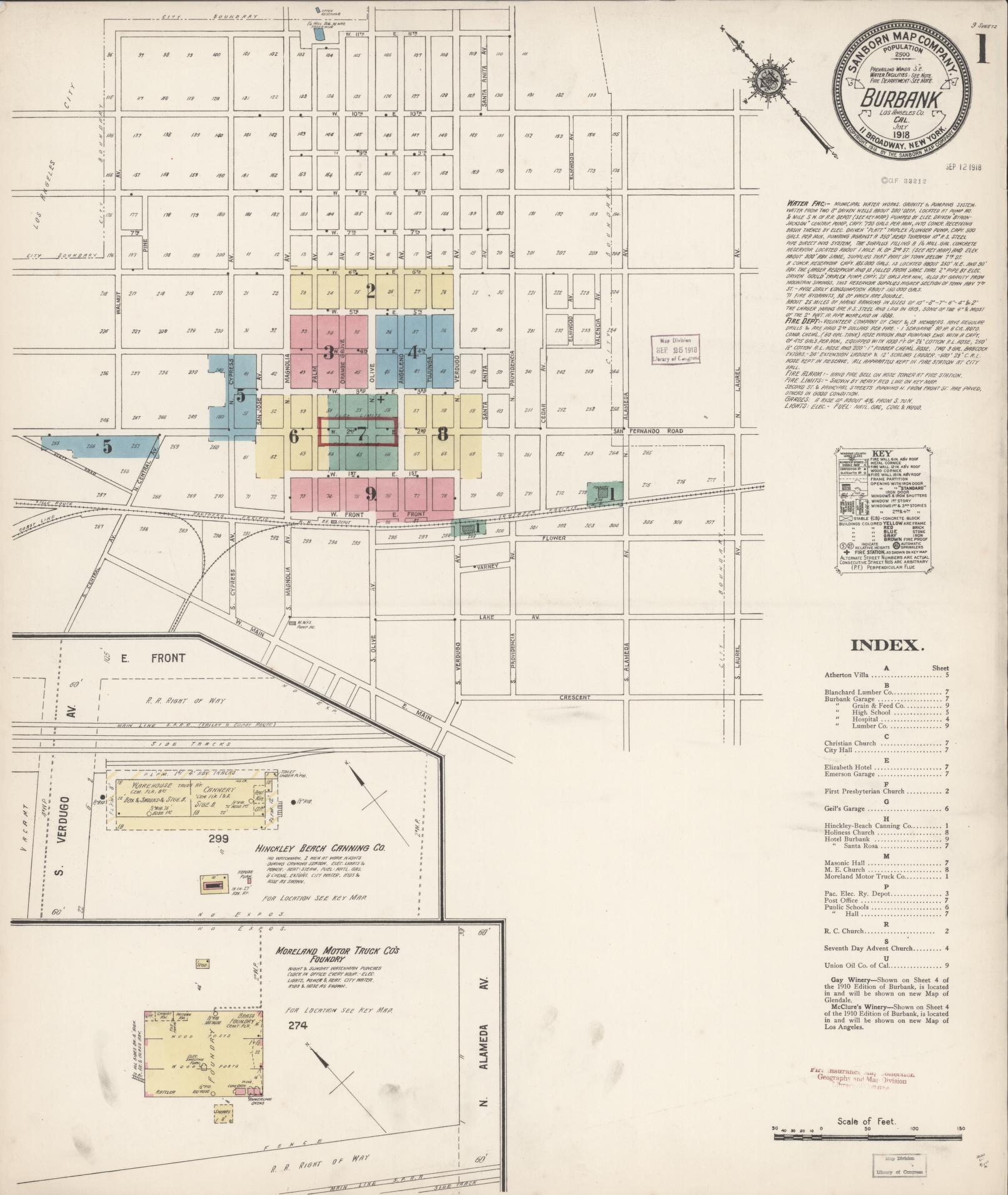 Sanborn Fire Insurance Map from Burbank, Los Angeles County, California (1918), Sheet #0001 - Complete Map Set gallery image, historic Sanborn map, vintage wall art, California California