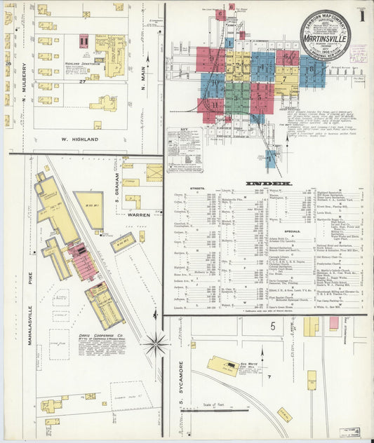 Sanborn Fire Insurance Map from Martinsville, Morgan County, Indiana (1908), Sheet #0001 - Historic Sanborn Fire Insurance Map Print, vintage old map wall art, antique decor, genealogy gift, Indiana Indiana map