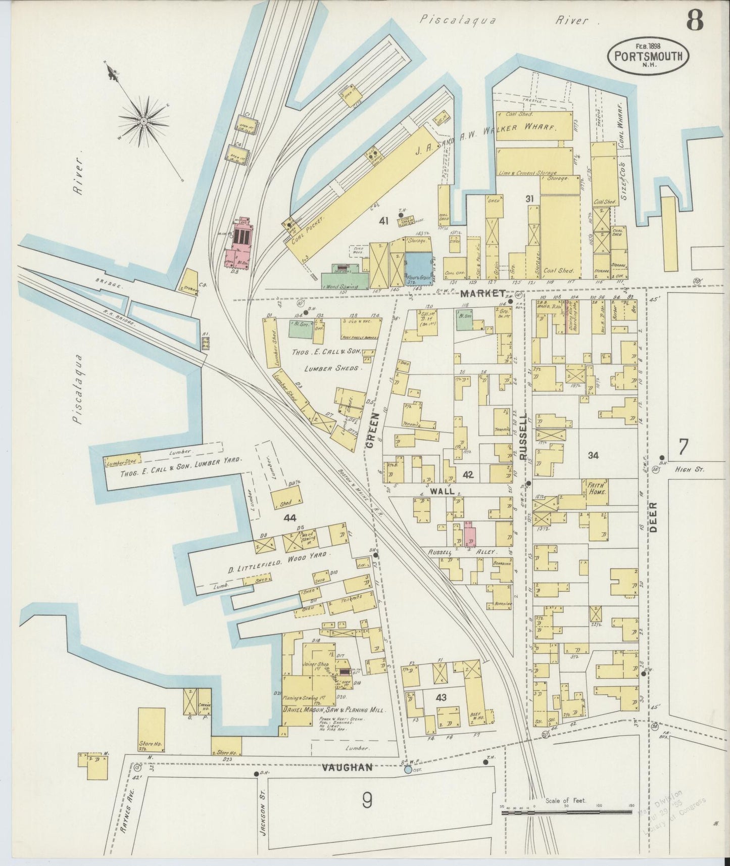 Sanborn Fire Insurance Map from Portsmouth, Rockingham County, New Hampshire (1898), Sheet #0008 - Historic Sanborn Fire Insurance Map Print, vintage old map wall art, antique decor, genealogy gift, New Hampshire New Hampshire map