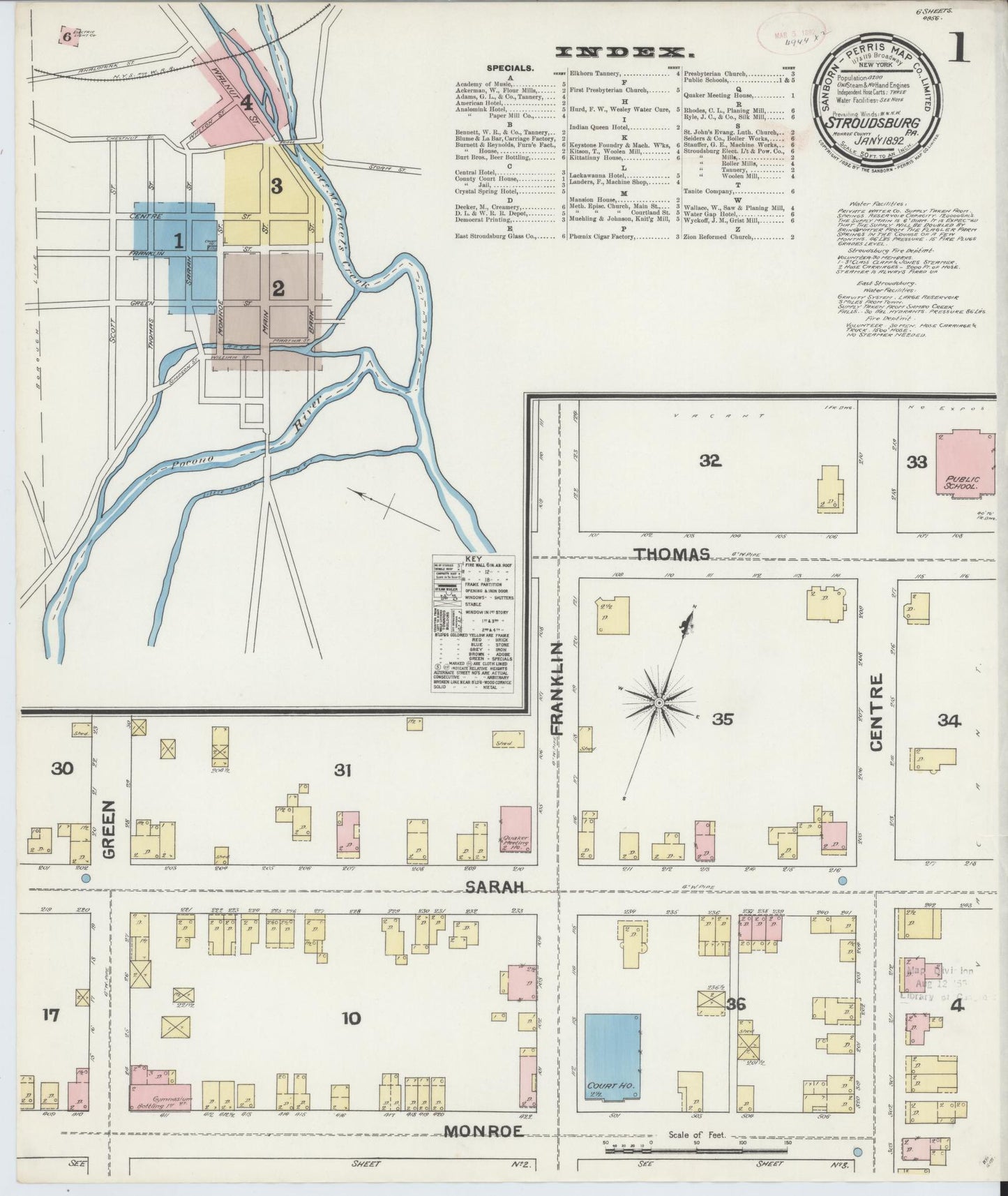 Sanborn Fire Insurance Map from Stroudsburg, Monroe County, Pennsylvania (1892), Sheet #0001 - Historic Sanborn Fire Insurance Map Print, vintage old map wall art, antique decor, genealogy gift, Pennsylvania Pennsylvania map