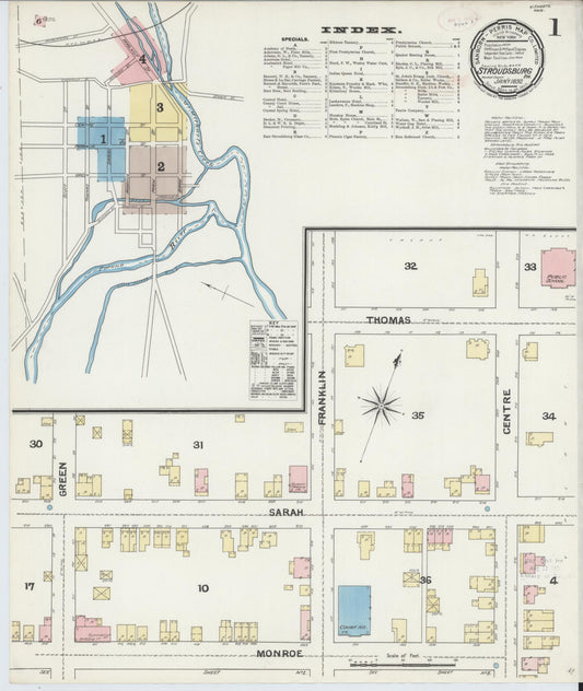 Sanborn Fire Insurance Map from Stroudsburg, Monroe County, Pennsylvania (1892), Sheet #0001 - Historic Sanborn Fire Insurance Map Print, vintage old map wall art, antique decor, genealogy gift, Pennsylvania Pennsylvania map