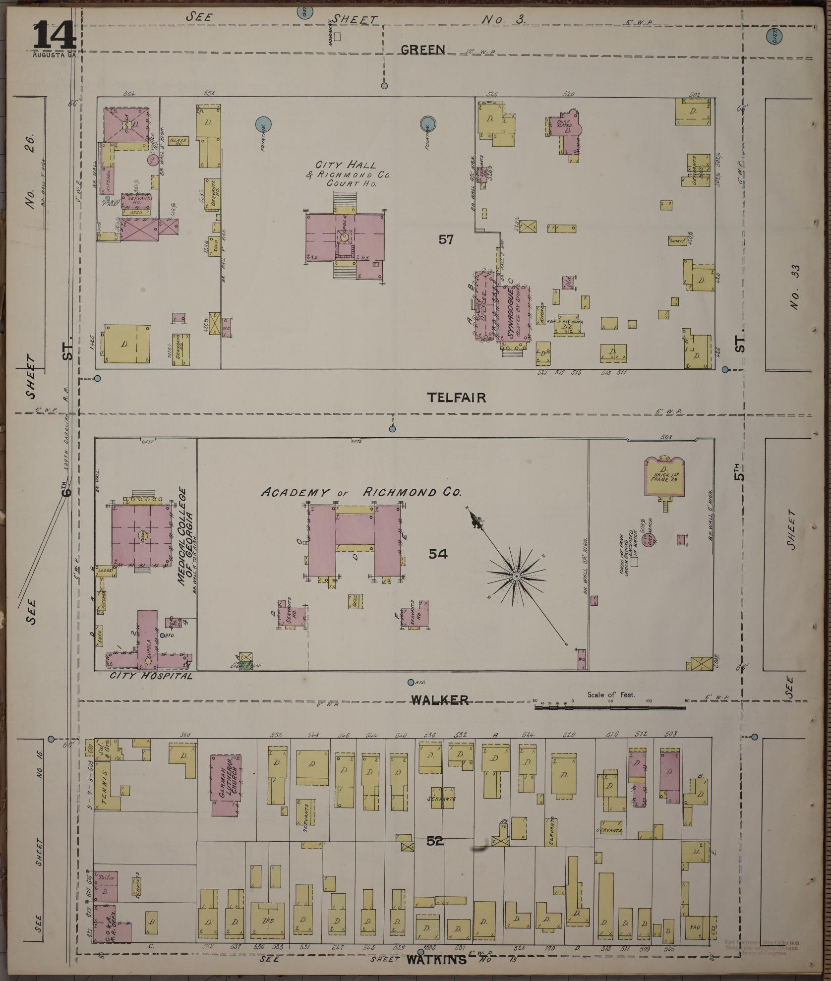 Sanborn Fire Insurance Map from Augusta, Richmond County, Georgia (1890), Sheet #0014 - Historic Sanborn Fire Insurance Map Print, vintage old map wall art, antique decor, genealogy gift, Georgia Georgia map