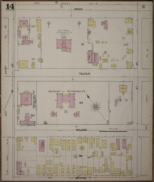 Sanborn Fire Insurance Map from Augusta, Richmond County, Georgia (1890), Sheet #0014 - Historic Sanborn Fire Insurance Map Print, vintage old map wall art, antique decor, genealogy gift, Georgia Georgia map