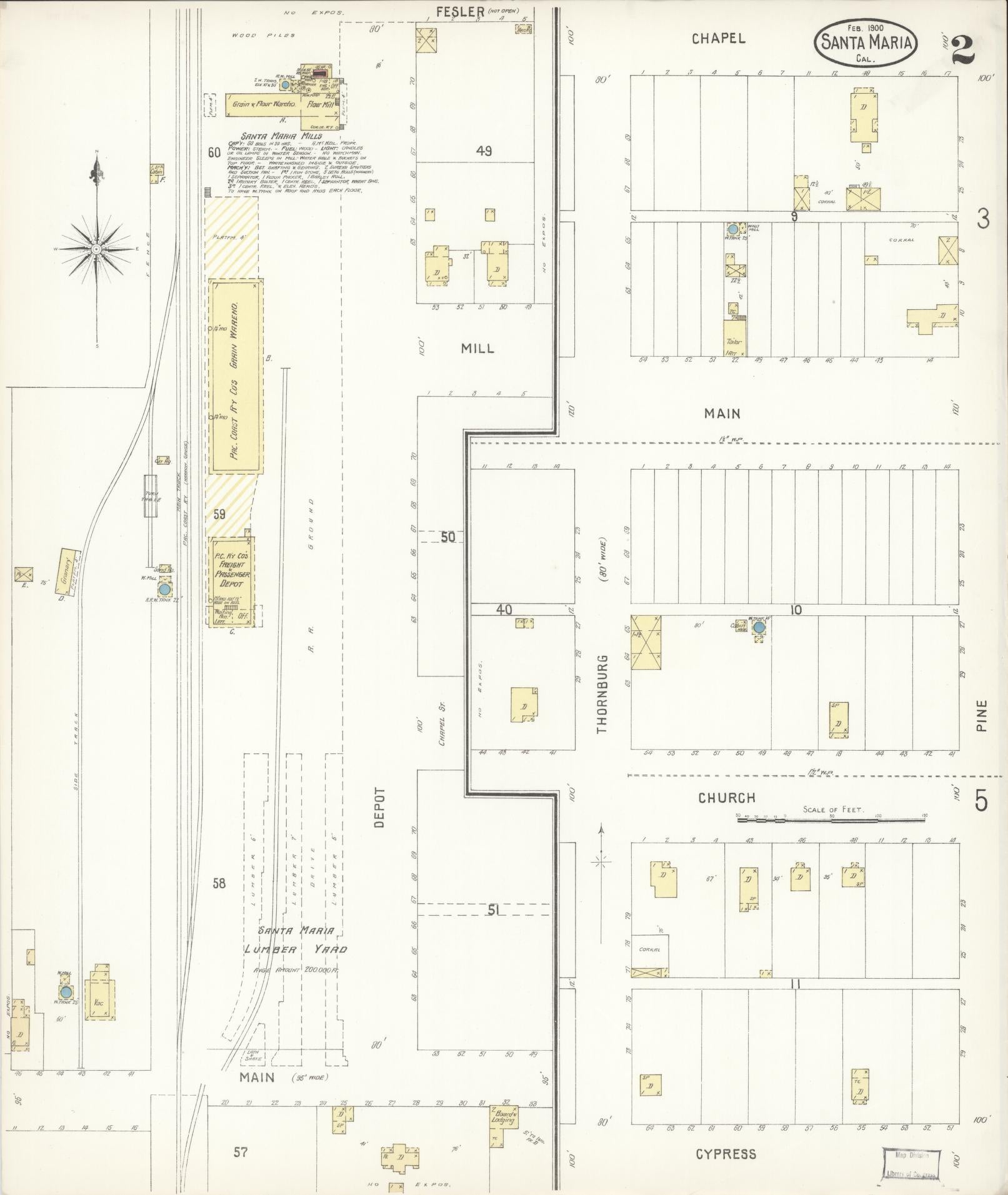 Sanborn Fire Insurance Map from Santa Maria, Santa Barbara County, California (1900), Sheet #0002 - Complete Map Set gallery image, historic Sanborn map, vintage wall art, California California