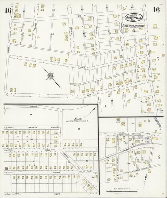 Sanborn Fire Insurance Map from Maryville, Blount County, Tennessee (1925), Sheet #0016 - Historic Sanborn Fire Insurance Map Print, vintage old map wall art, antique decor, genealogy gift, Tennessee Tennessee map