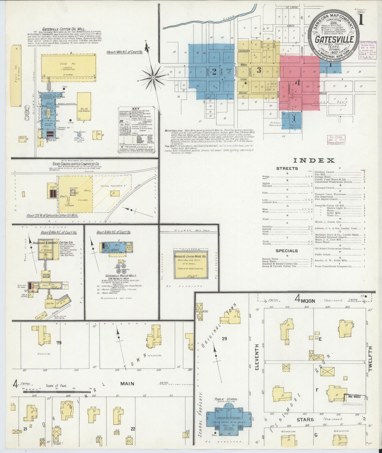 Sanborn Fire Insurance Map from Gatesville, Coryell County, Texas (1907), Sheet #0001 - Complete Map Set gallery image, historic Sanborn map, vintage wall art, Texas Texas