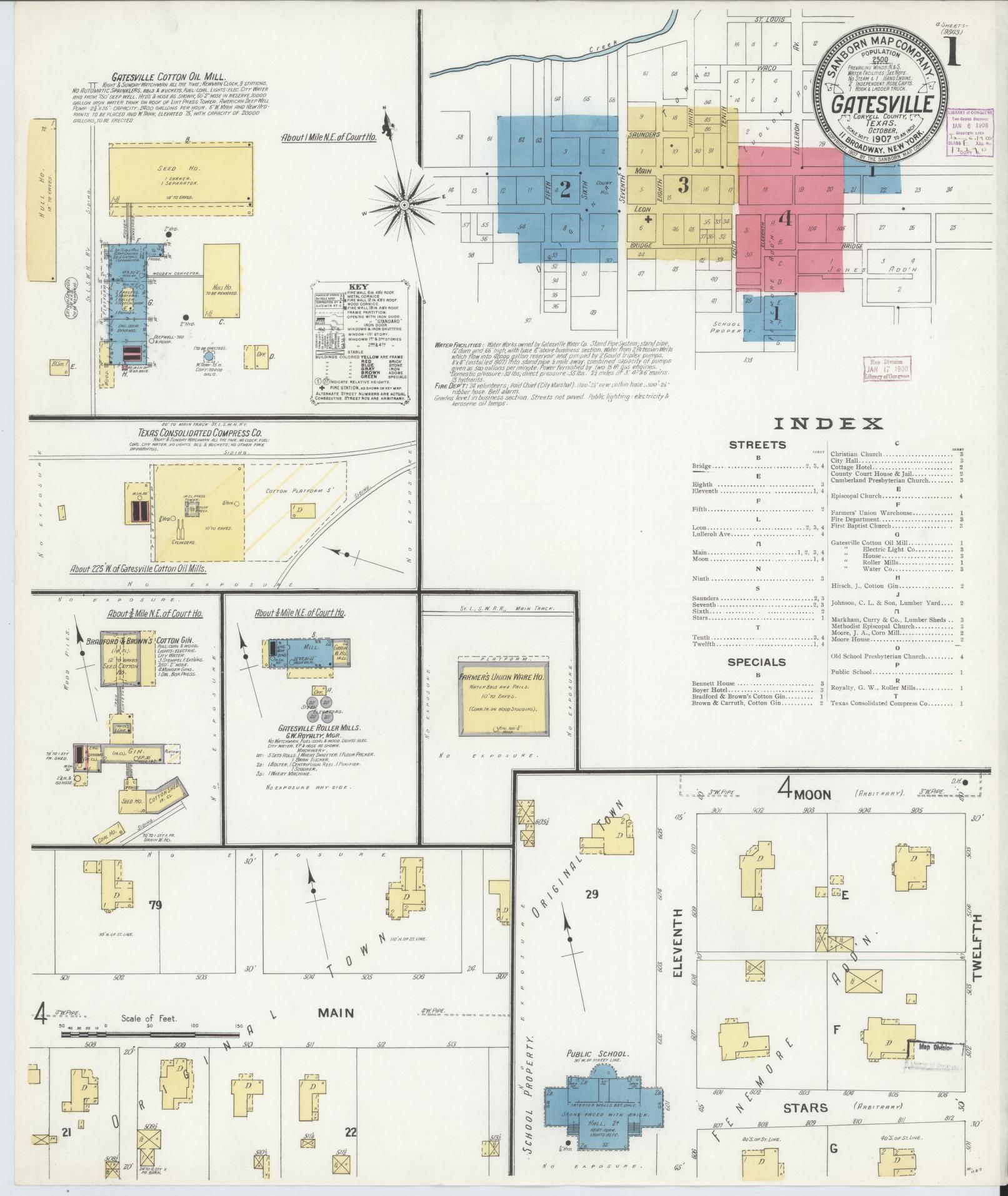 Sanborn Fire Insurance Map from Gatesville, Coryell County, Texas (1907), Sheet #0001 - Complete Map Set gallery image, historic Sanborn map, vintage wall art, Texas Texas