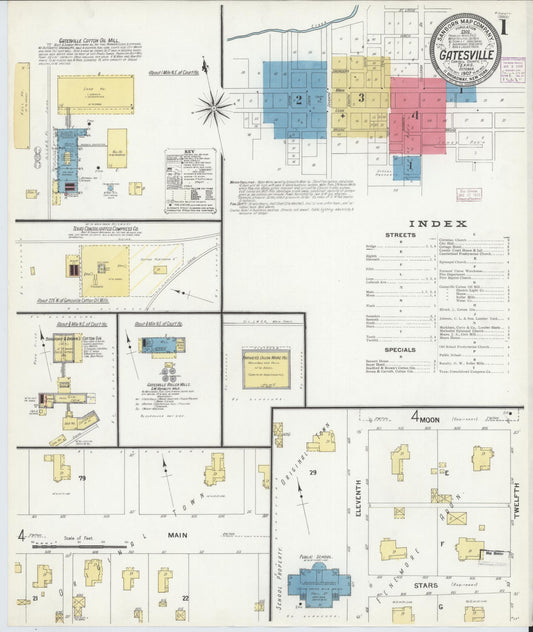Sanborn Fire Insurance Map from Gatesville, Coryell County, Texas (1907), Sheet #0001 - Complete Map Set gallery image, historic Sanborn map, vintage wall art, Texas Texas