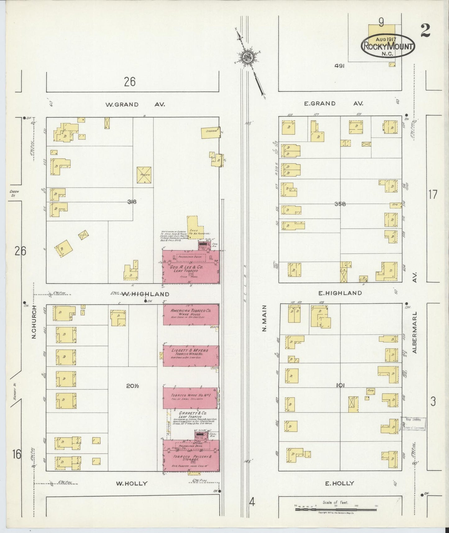Sanborn Fire Insurance Map from Rocky Mount, Edgecombe And Nash Counties, North Carolina (1917), Sheet #0002 - Complete Map Set gallery image, historic Sanborn map, vintage wall art, North Carolina North Carolina