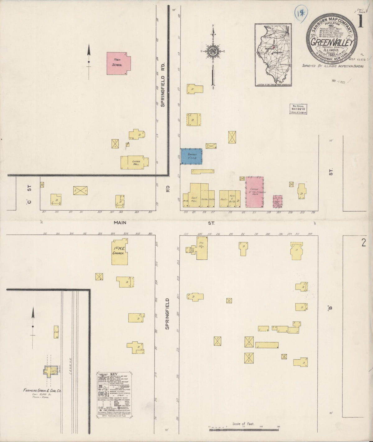 Sanborn Fire Insurance Map from Green Valley, Tazewell County, Illinois (1922), Sheet #0001 - Complete Map Set gallery image, historic Sanborn map, vintage wall art, Illinois Illinois