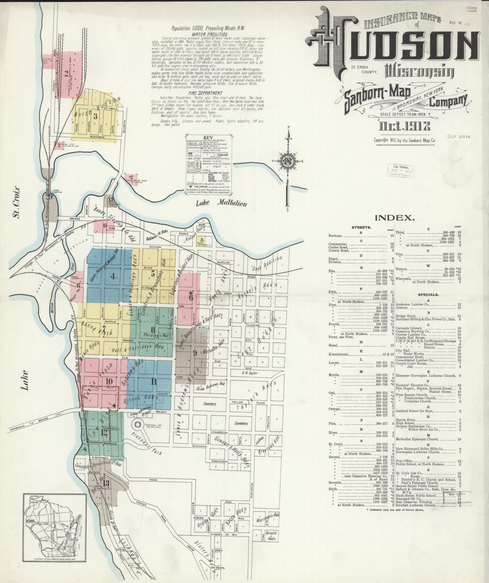 Sanborn Fire Insurance Map from Hudson, St. Croix County, Wisconsin (1912), Sheet #0001 - Historic Sanborn Fire Insurance Map Print, vintage old map wall art, antique decor, genealogy gift, Wisconsin Wisconsin map