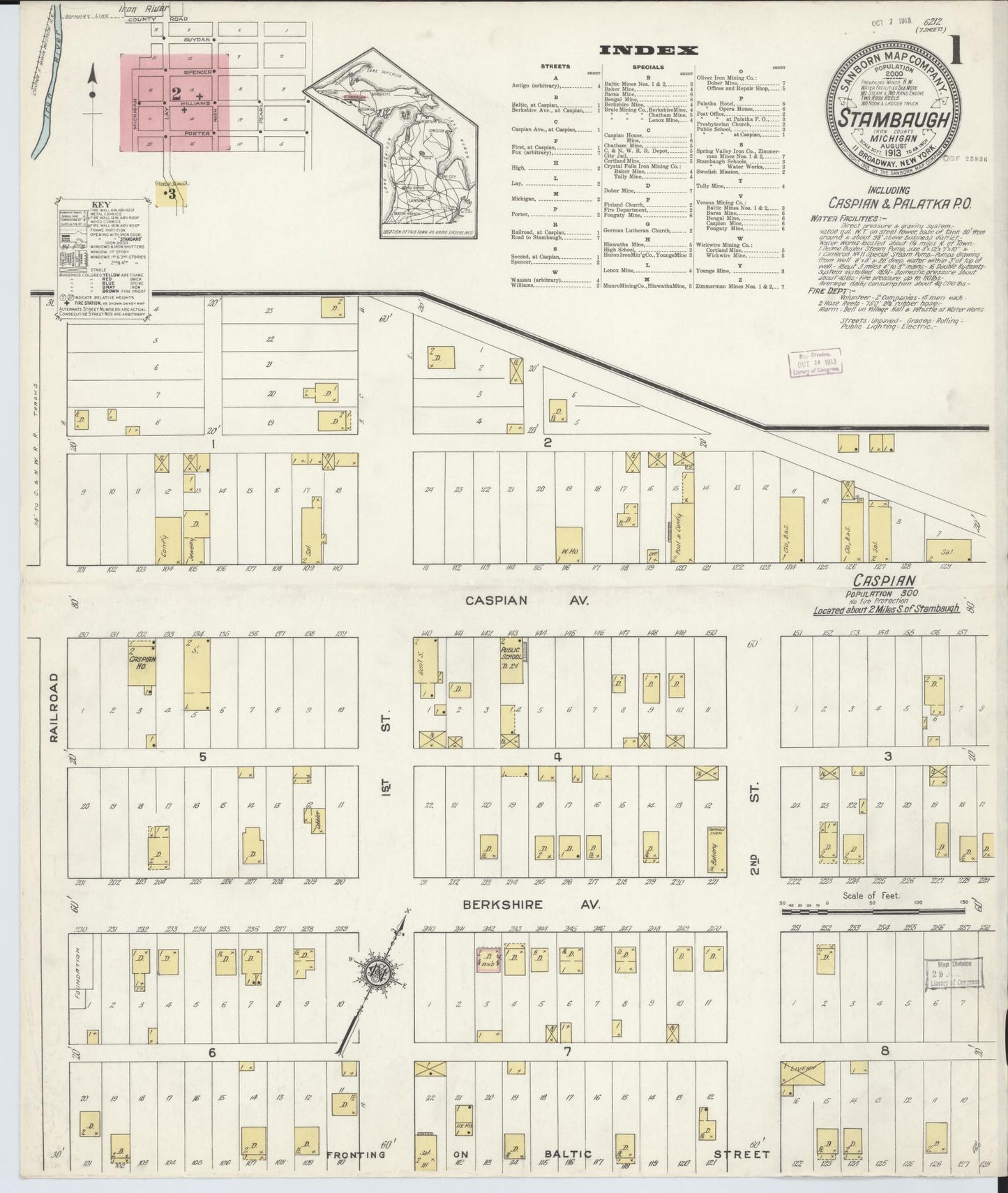 Sanborn Fire Insurance Map from Stambaugh, Iron County, Michigan (1913), Sheet #0001 - Historic Sanborn Fire Insurance Map Print, vintage old map wall art, antique decor, genealogy gift, Michigan Michigan map