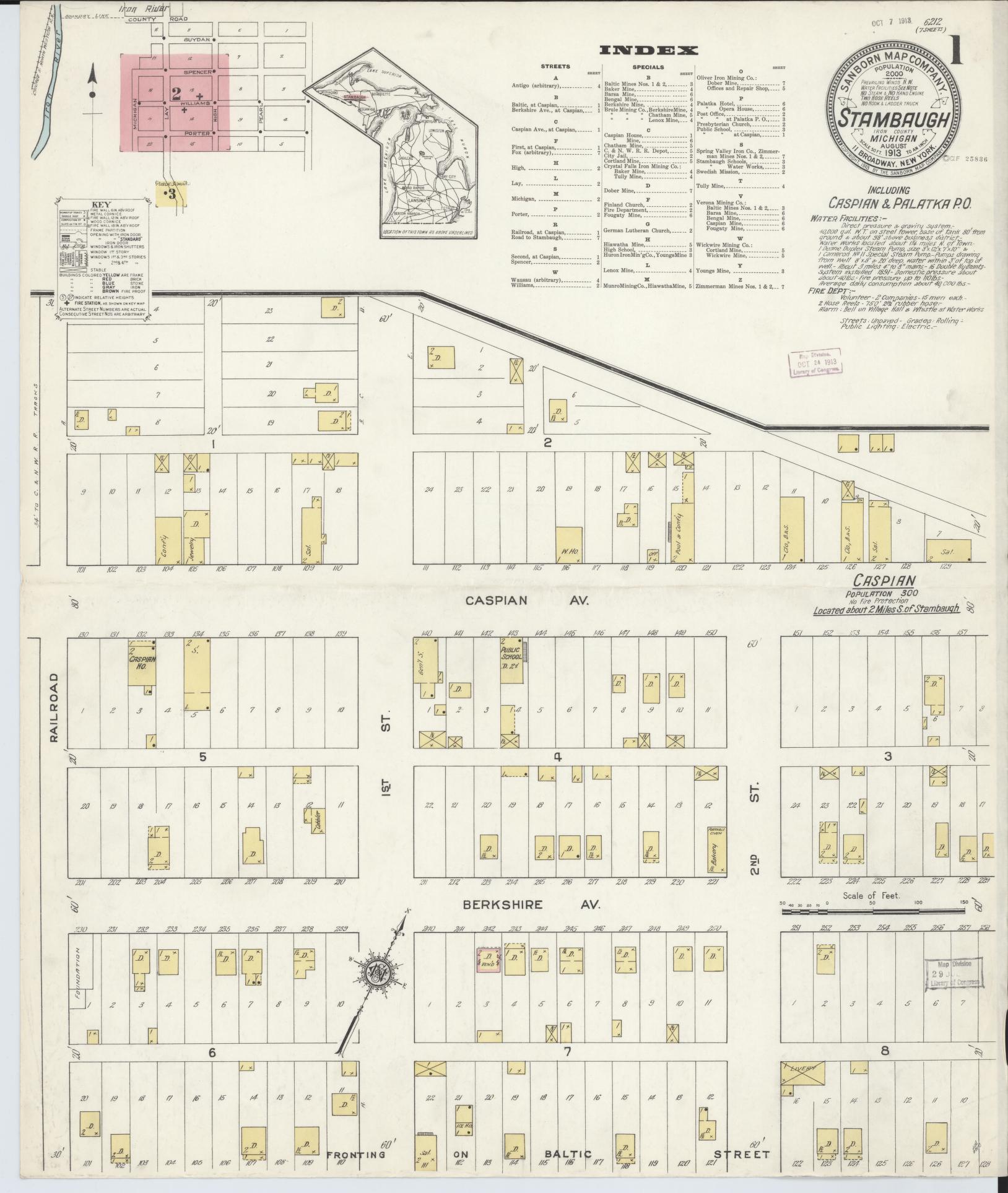 Sanborn Fire Insurance Map from Stambaugh, Iron County, Michigan (1913), Sheet #0001 - Historic Sanborn Fire Insurance Map Print, vintage old map wall art, antique decor, genealogy gift, Michigan Michigan map