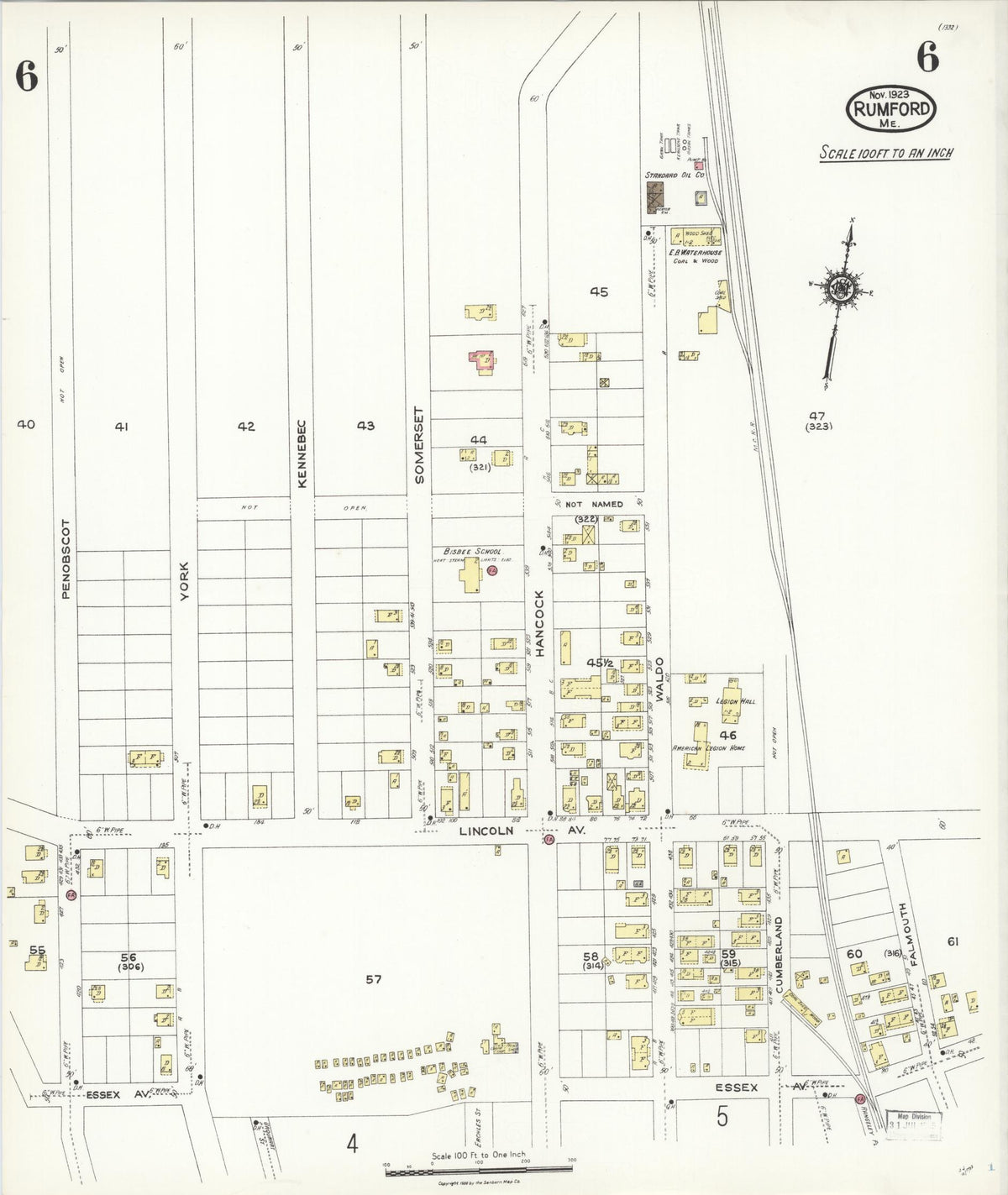 Sanborn Fire Insurance Map from Rumford, Oxford County, Maine (1923), Sheet #0006 - Complete Map Set gallery image, historic Sanborn map, vintage wall art, Maine Maine