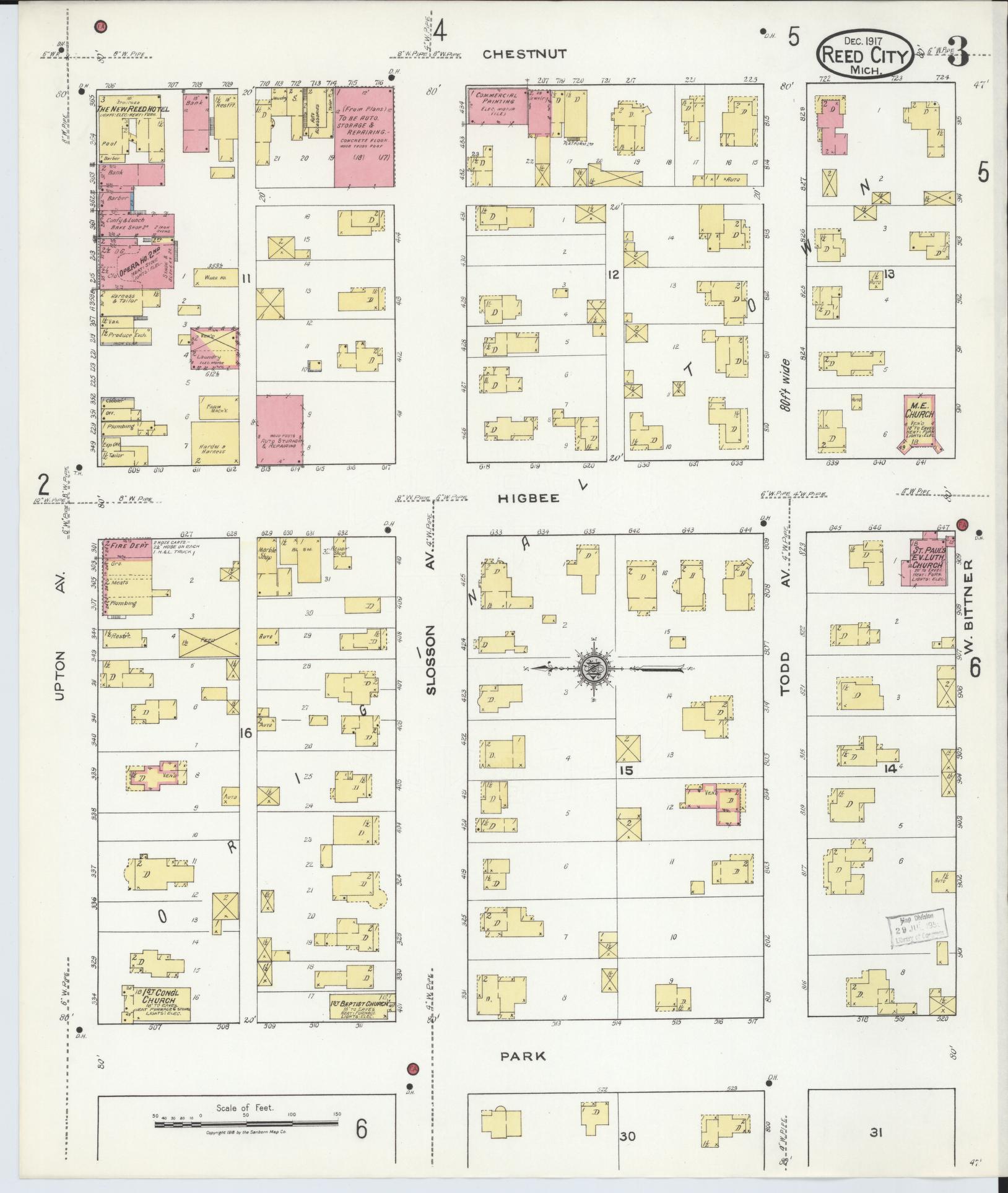 Sanborn Fire Insurance Map from Reed City, Osceola County, Michigan (1917), Sheet #0003 - Complete Map Set gallery image, historic Sanborn map, vintage wall art, Michigan Michigan