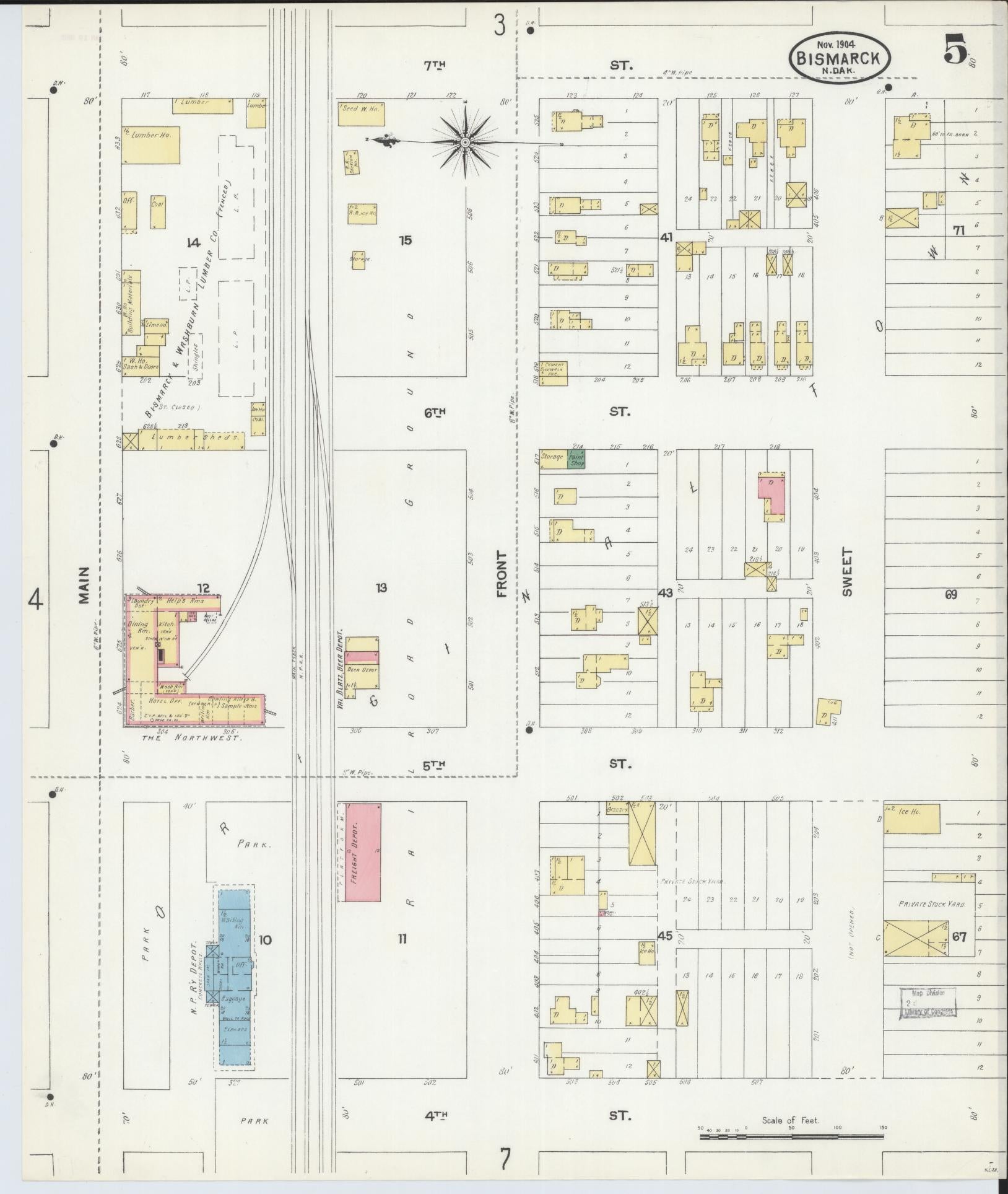 Sanborn Fire Insurance Map from Bismarck, Burleigh County, North Dakota (1904), Sheet #0005 - Historic Sanborn Fire Insurance Map Print, vintage old map wall art, antique decor, genealogy gift, North Dakota North Dakota map