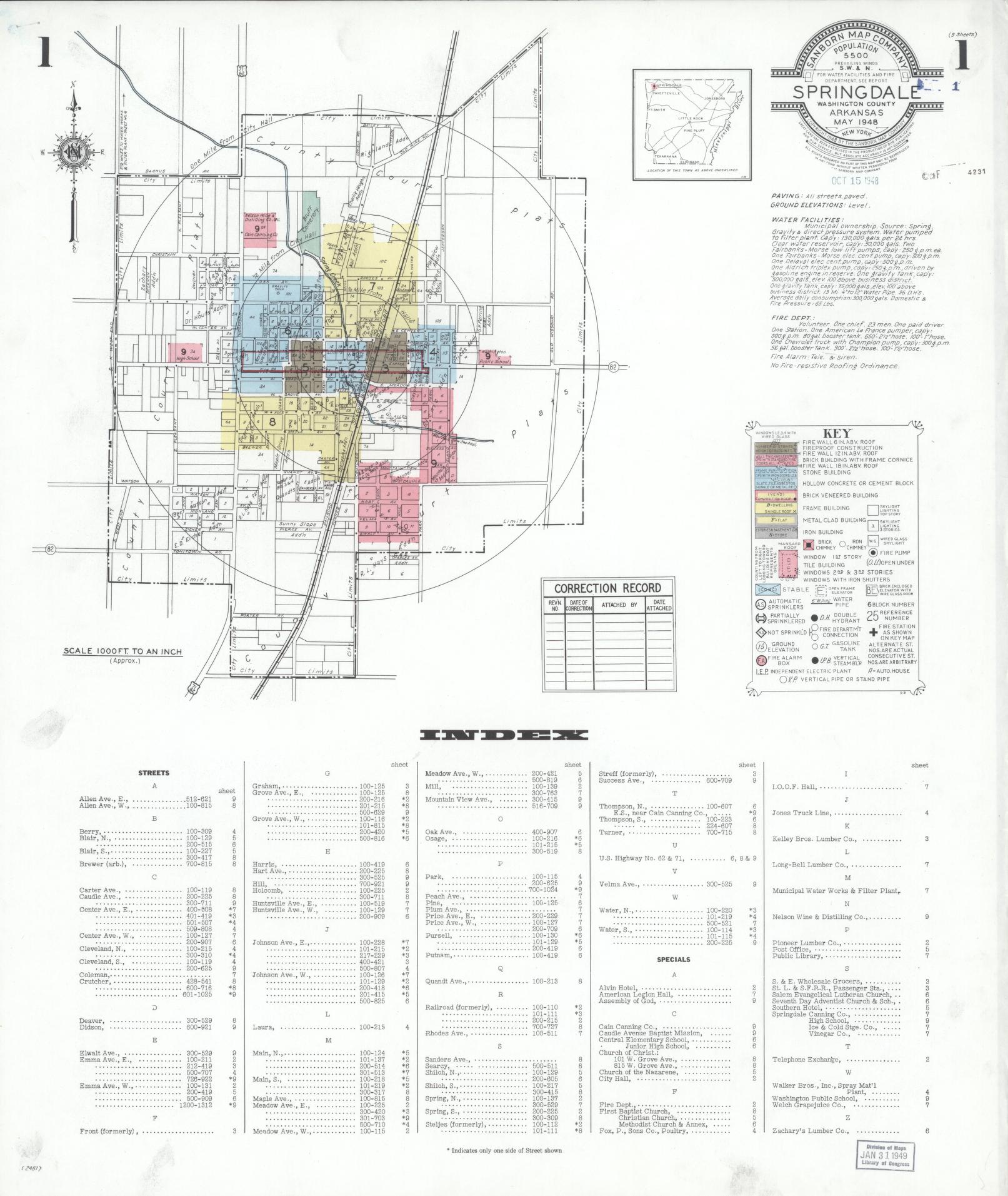 Sanborn Fire Insurance Map from Springdale, Washington County, Arkansas (1948), Sheet #0001 - Complete Map Set gallery image, historic Sanborn map, vintage wall art, Arkansas Arkansas