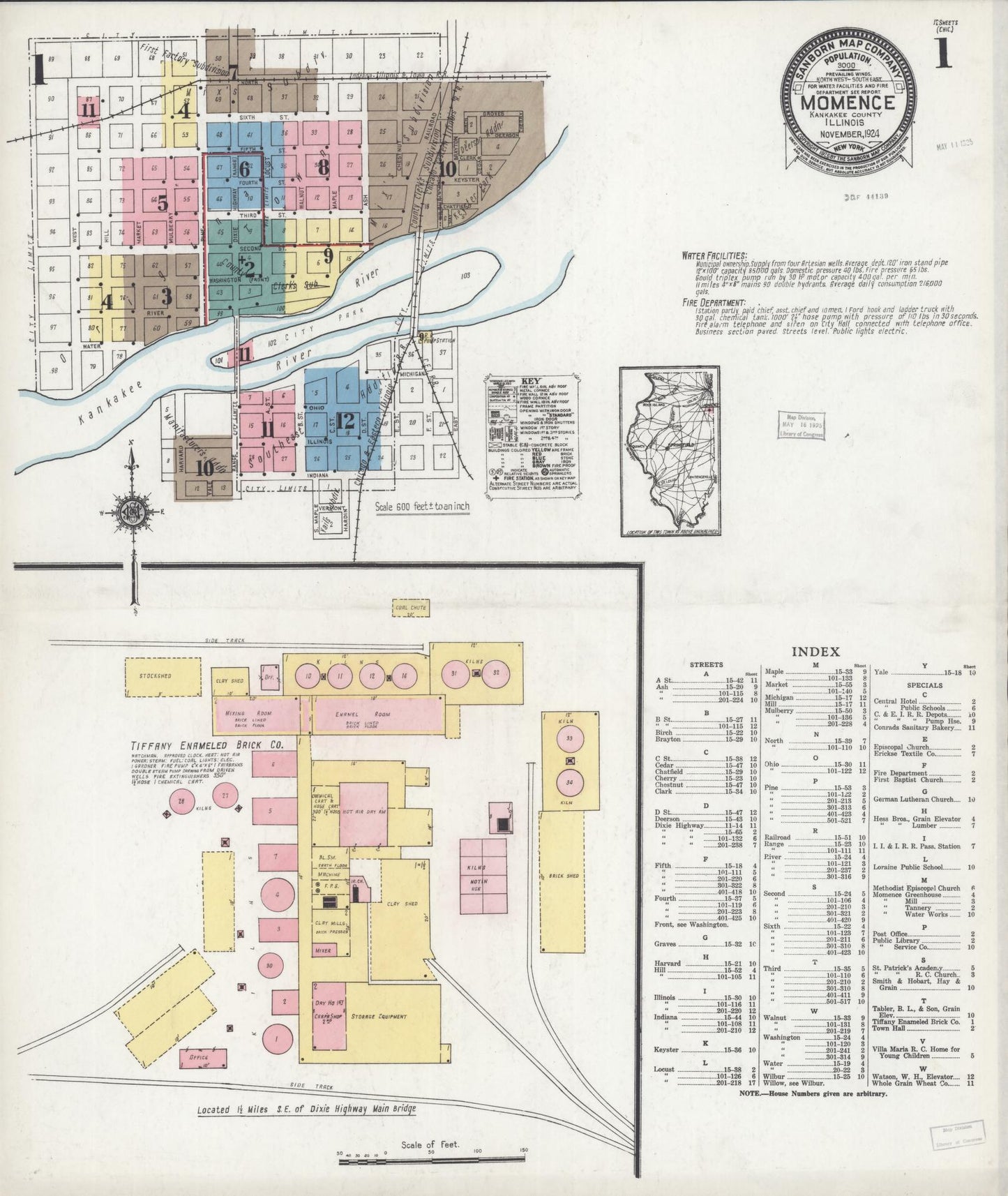 Sanborn Fire Insurance Map from Momence, Kankakee County, Illinois (1924), Sheet #0001 - Historic Sanborn Fire Insurance Map Print, vintage old map wall art, antique decor, genealogy gift, Illinois Illinois map