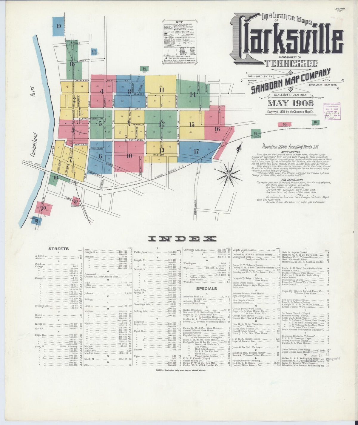 Sanborn Fire Insurance Map from Clarksville, Montgomery County, Tennessee (1908), Sheet #0001 - Complete Map Set gallery image, historic Sanborn map, vintage wall art, Tennessee Tennessee