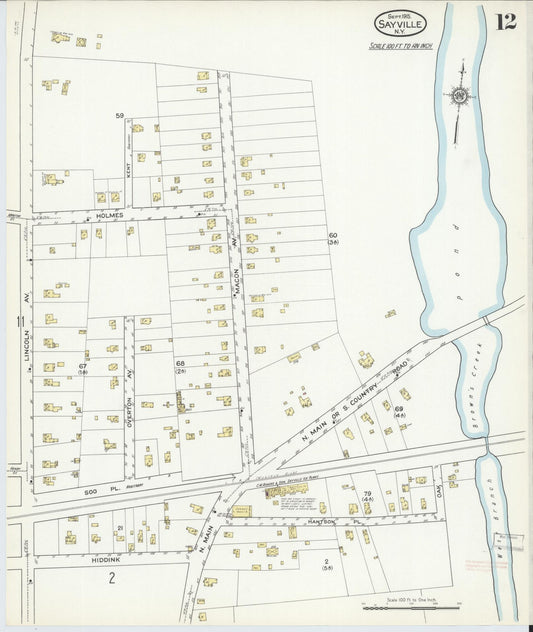 Sanborn Fire Insurance Map from Sayville, Suffolk County, New York (1915), Sheet #0012 - Historic Sanborn Fire Insurance Map Print, vintage old map wall art, antique decor, genealogy gift, New York New York map