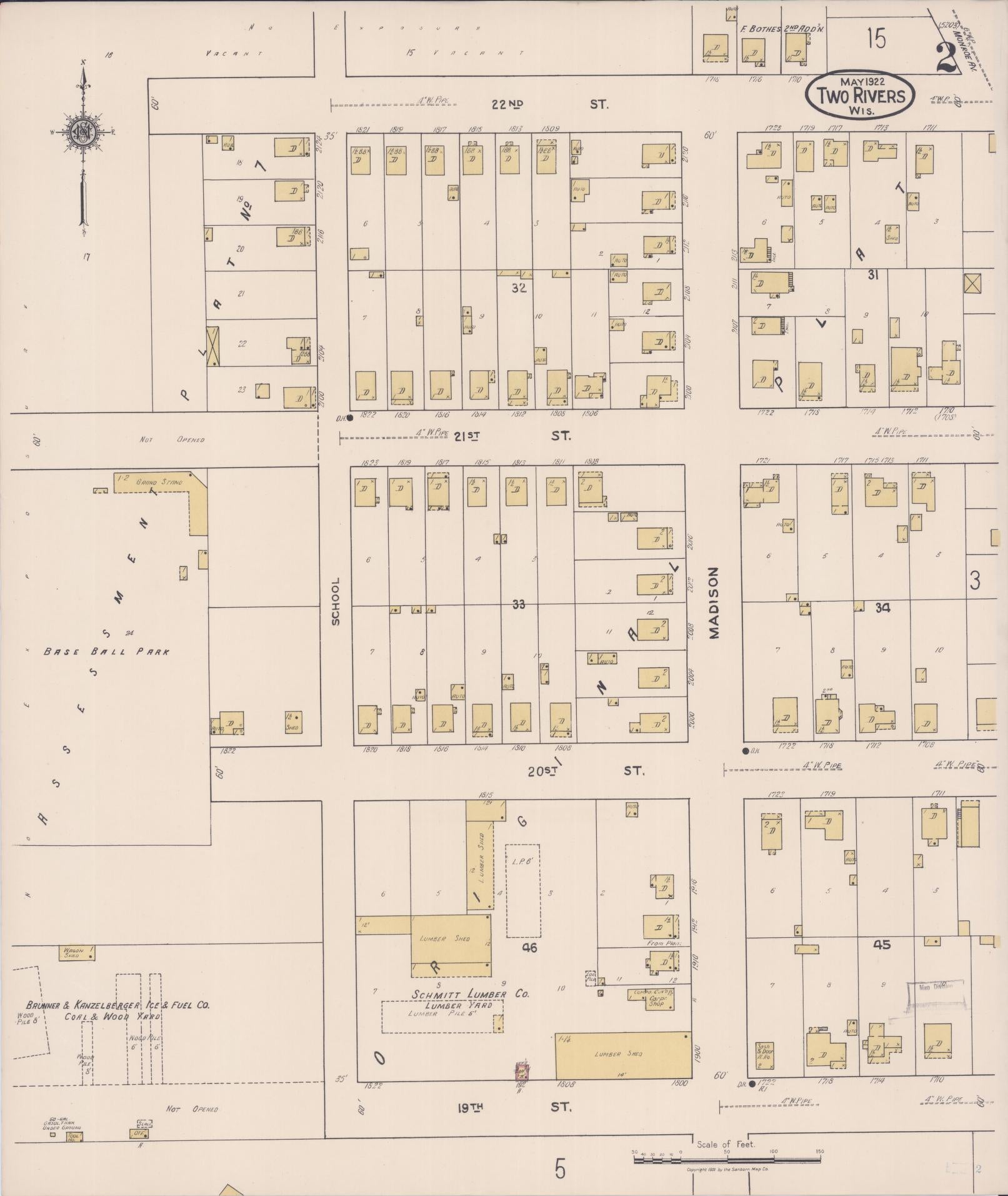 Sanborn Fire Insurance Map from Two Rivers, Manitowoc County, Wisconsin (1922), Sheet #0002 - Historic Sanborn Fire Insurance Map Print, vintage old map wall art, antique decor, genealogy gift, Wisconsin Wisconsin map