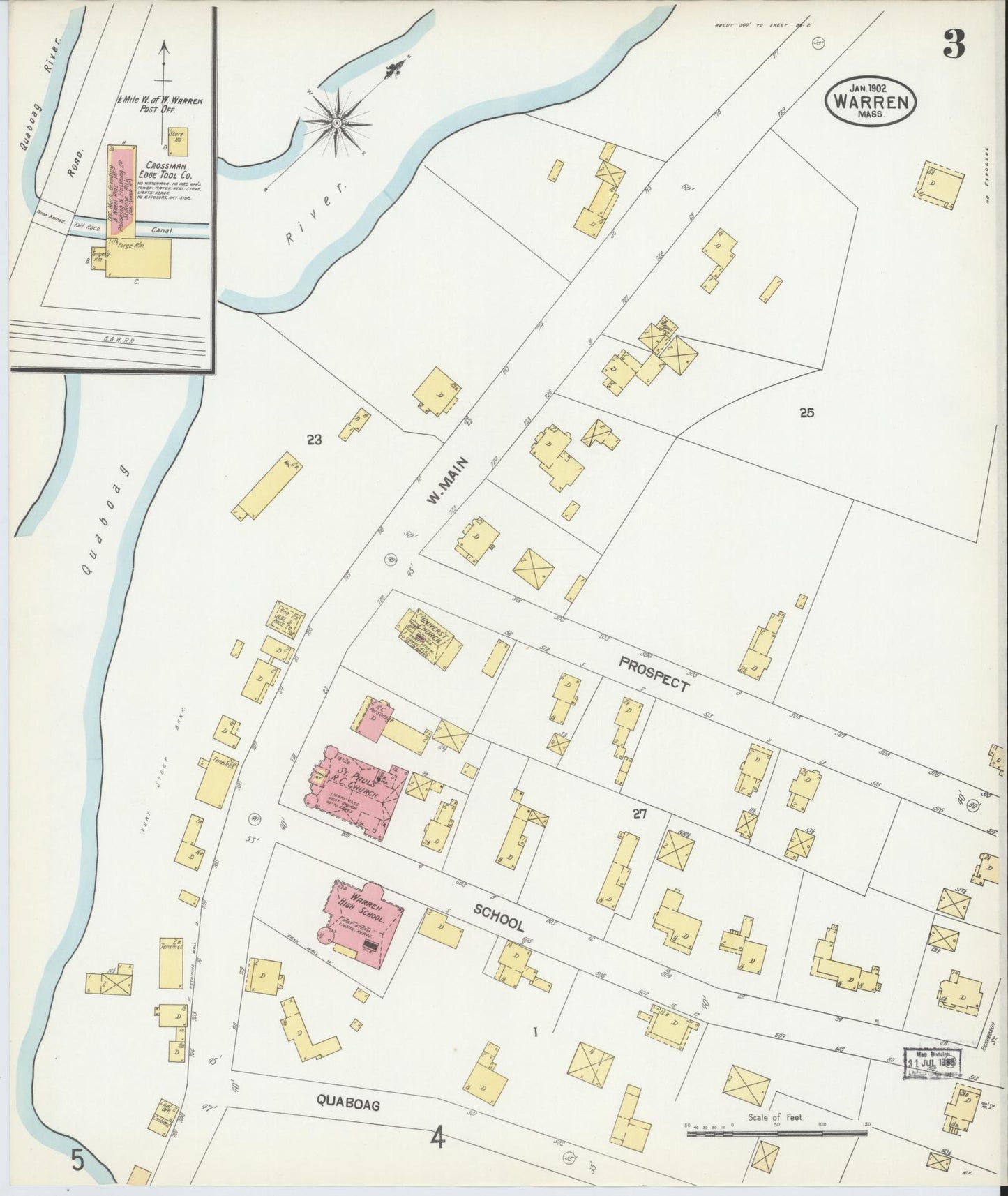 Sanborn Fire Insurance Map from Warren, Worcester County, Massachusetts (1902), Sheet #0003 - Historic Sanborn Fire Insurance Map Print, vintage old map wall art, antique decor, genealogy gift, Massachusetts Massachusetts map
