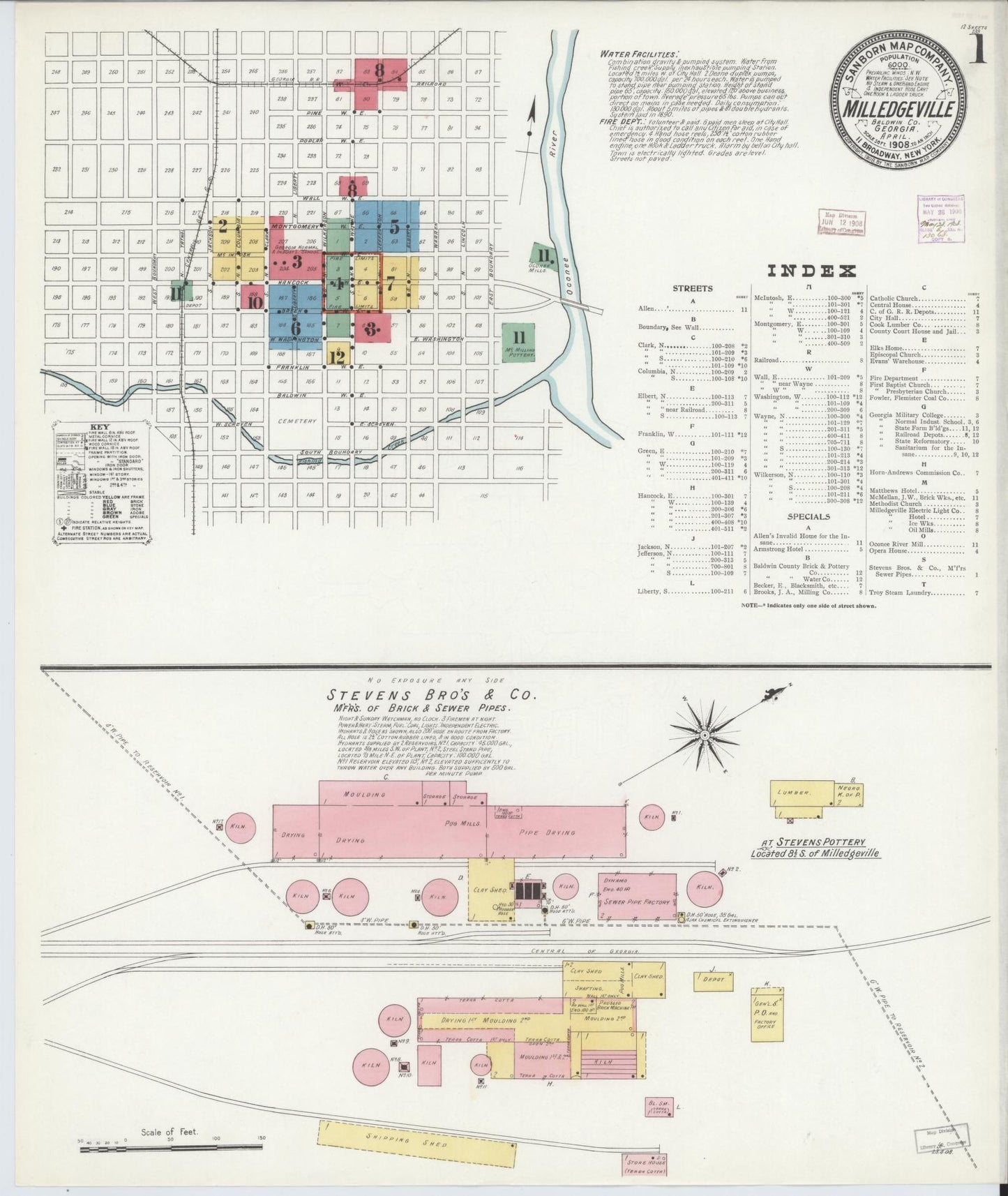Sanborn Fire Insurance Map from Milledgeville, Baldwin County, Georgia (1908), Sheet #0001 - Historic Sanborn Fire Insurance Map Print, vintage old map wall art, antique decor, genealogy gift, Georgia Georgia map