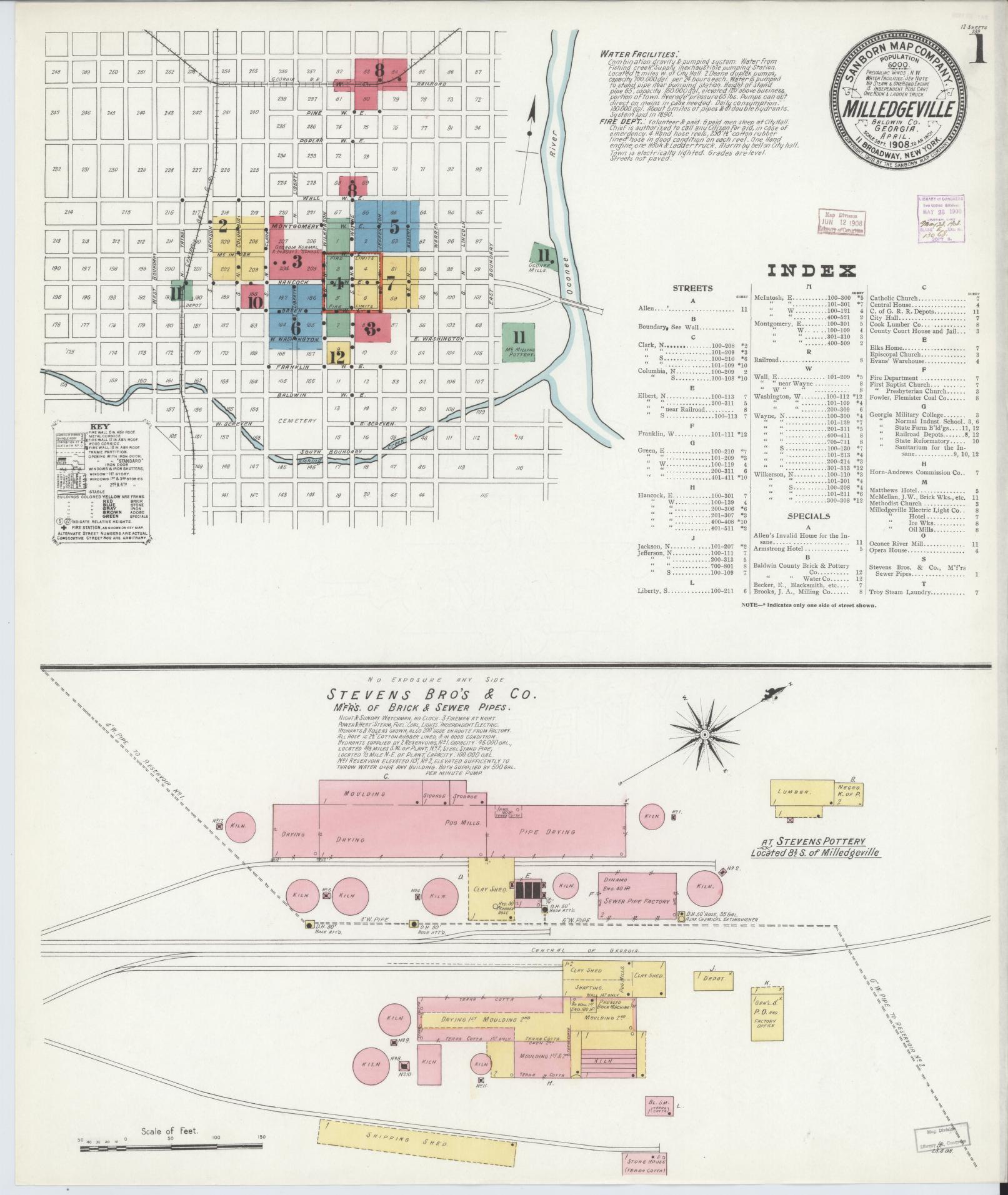 Sanborn Fire Insurance Map from Milledgeville, Baldwin County, Georgia (1908), Sheet #0001 - Historic Sanborn Fire Insurance Map Print, vintage old map wall art, antique decor, genealogy gift, Georgia Georgia map