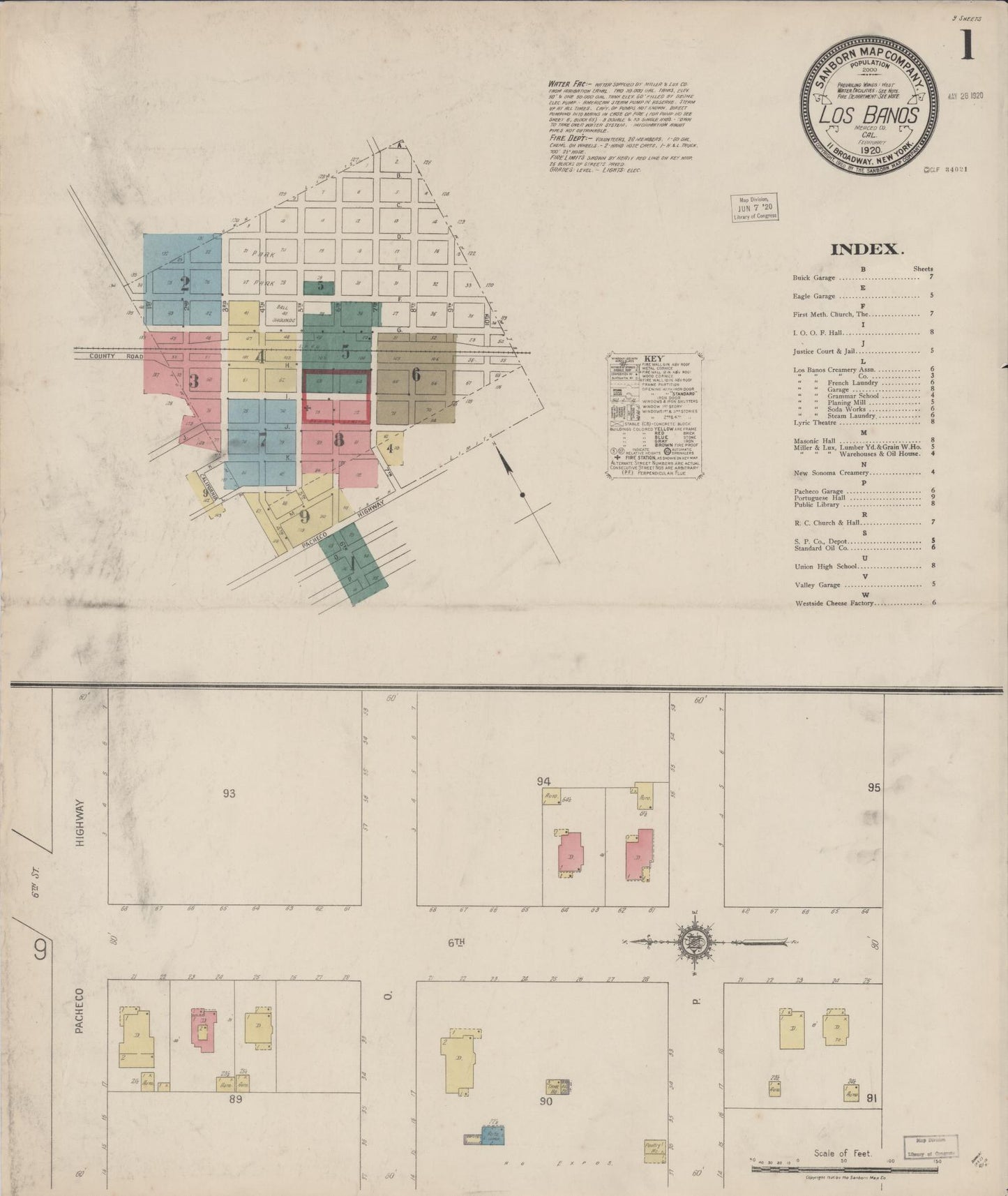 Sanborn Fire Insurance Map from Los Banos, Merced County, California (1920), Sheet #0001 - Historic Sanborn Fire Insurance Map Print, vintage old map wall art, antique decor, genealogy gift, California California map