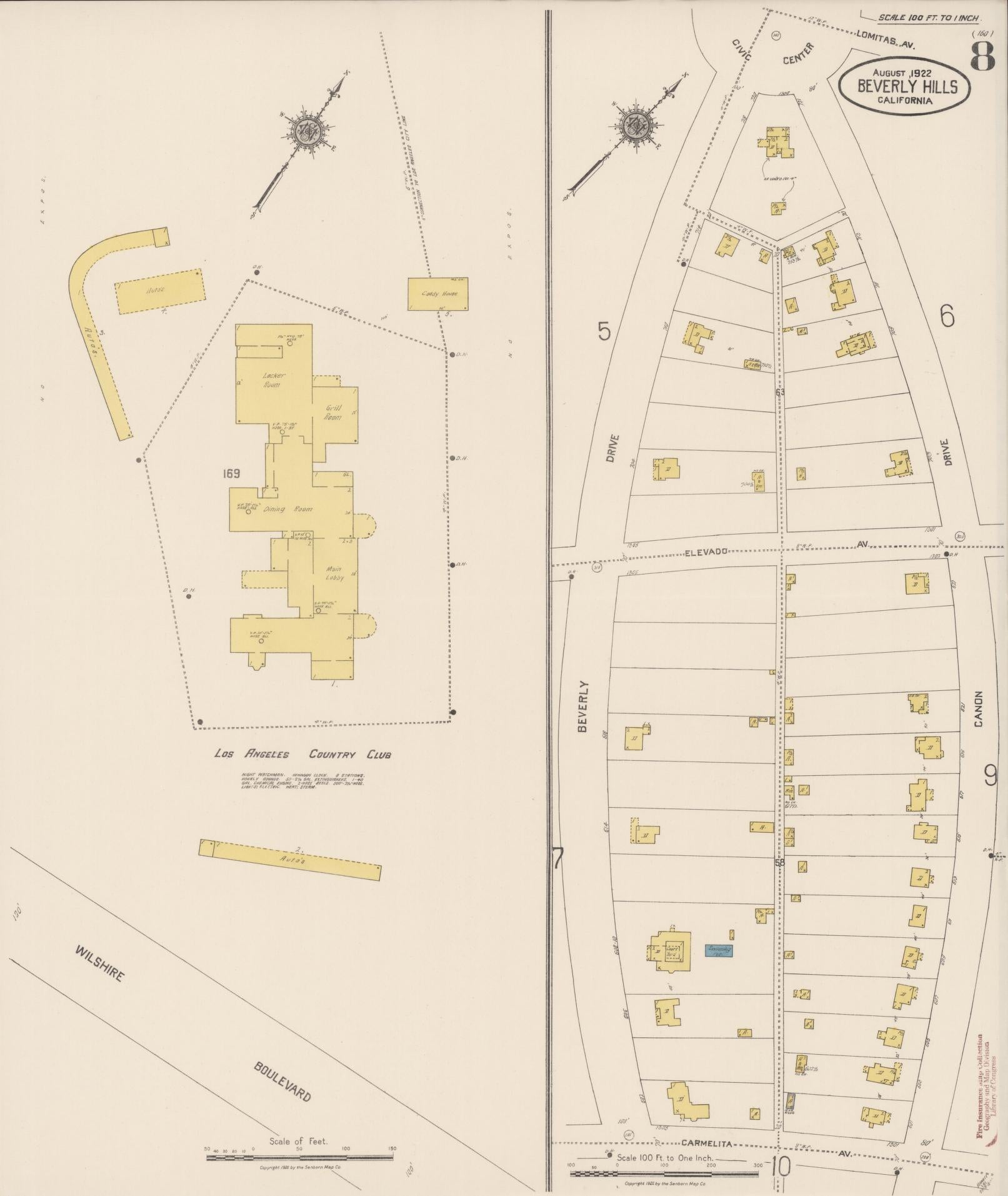 Sanborn Fire Insurance Map from Beverly Hills, Los Angeles County, California (1922), Sheet #0008 - Historic Sanborn Fire Insurance Map Print, vintage old map wall art, antique decor, genealogy gift, California California map
