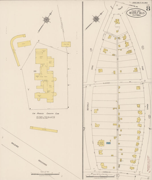 Sanborn Fire Insurance Map from Beverly Hills, Los Angeles County, California (1922), Sheet #0008 - Historic Sanborn Fire Insurance Map Print, vintage old map wall art, antique decor, genealogy gift, California California map