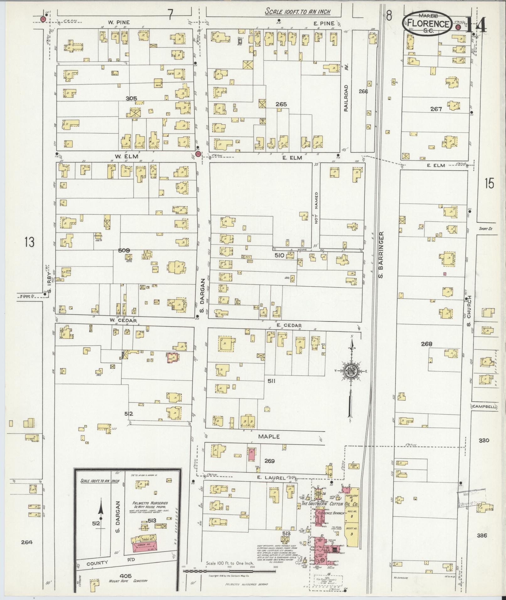 Sanborn Fire Insurance Map from Florence, Florence County, South Carolina (1918), Sheet #0014 - Historic Sanborn Fire Insurance Map Print, vintage old map wall art, antique decor, genealogy gift, South Carolina South Carolina map