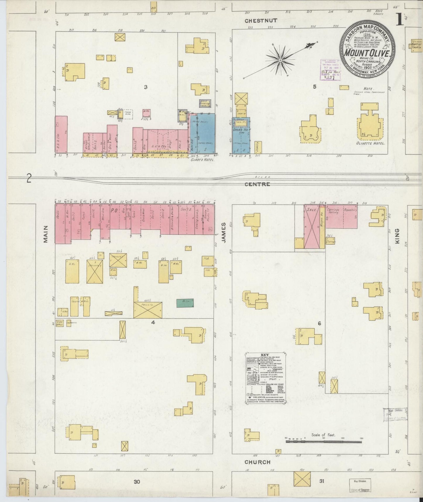 Sanborn Fire Insurance Map from Mount Olive, Wayne County, North Carolina (1905), Sheet #0001 - Historic Sanborn Fire Insurance Map Print, vintage old map wall art, antique decor, genealogy gift, North Carolina North Carolina map
