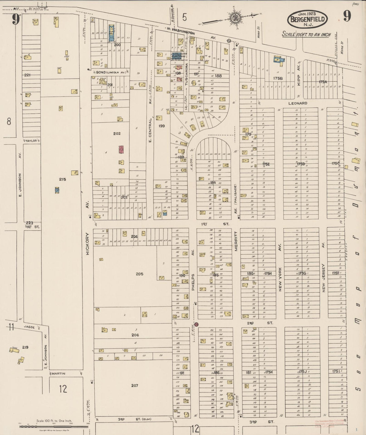 Sanborn Fire Insurance Map from Bergenfield, Bergen County, New Jersey (1923), Sheet #0009 - Historic Sanborn Fire Insurance Map Print, vintage old map wall art, antique decor, genealogy gift, New Jersey New Jersey map