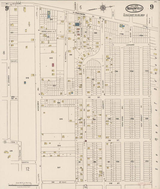 Sanborn Fire Insurance Map from Bergenfield, Bergen County, New Jersey (1923), Sheet #0009 - Historic Sanborn Fire Insurance Map Print, vintage old map wall art, antique decor, genealogy gift, New Jersey New Jersey map
